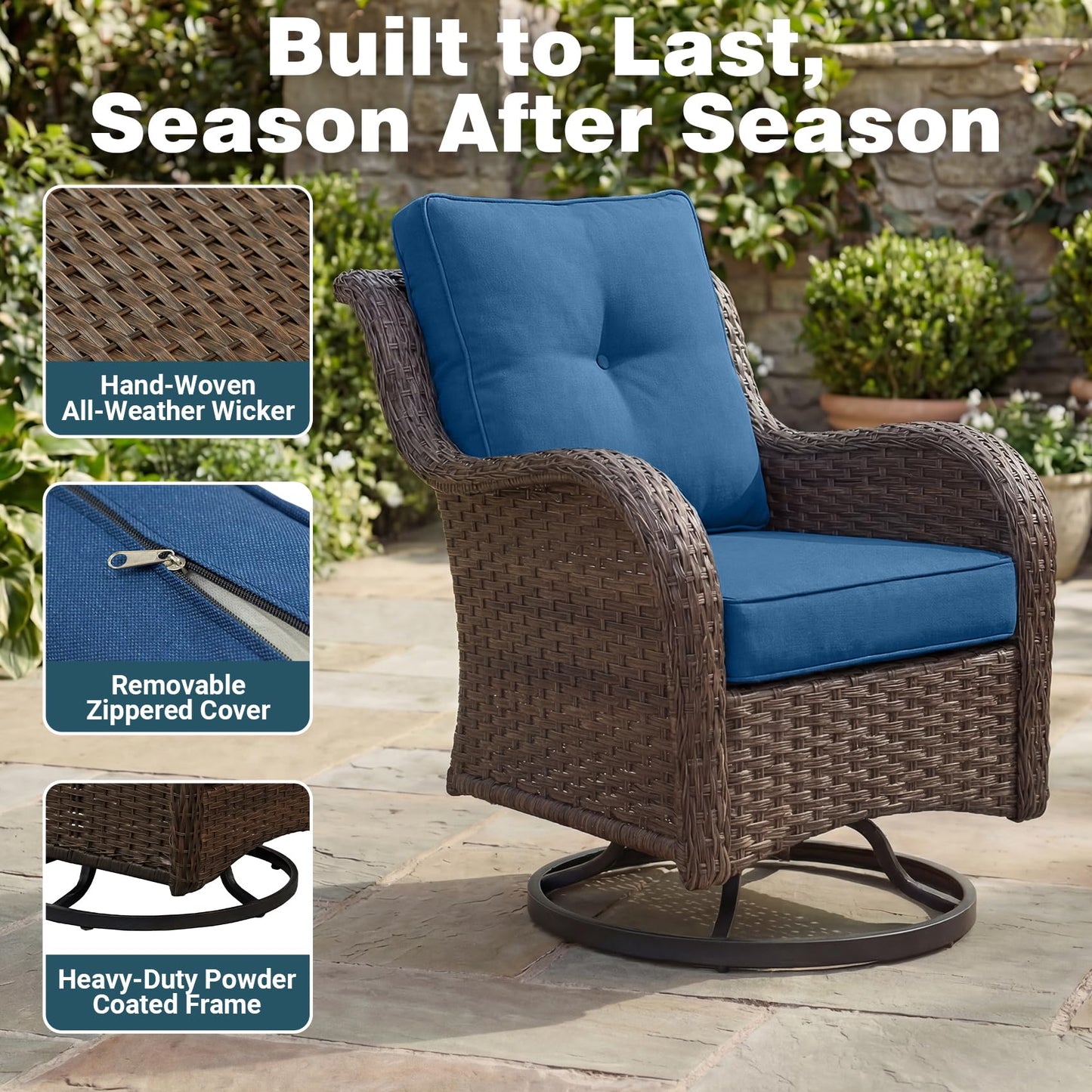 SAILARY Patio Furniture Set, 7PCS Outdoor Wicker Conversation Set with 6" Thick Cushions, High Back Rattan Sofa & Swivel Rocker Chairs, Weather Resistant Olefin Fabric for Garden, Poolside, Navy Blue