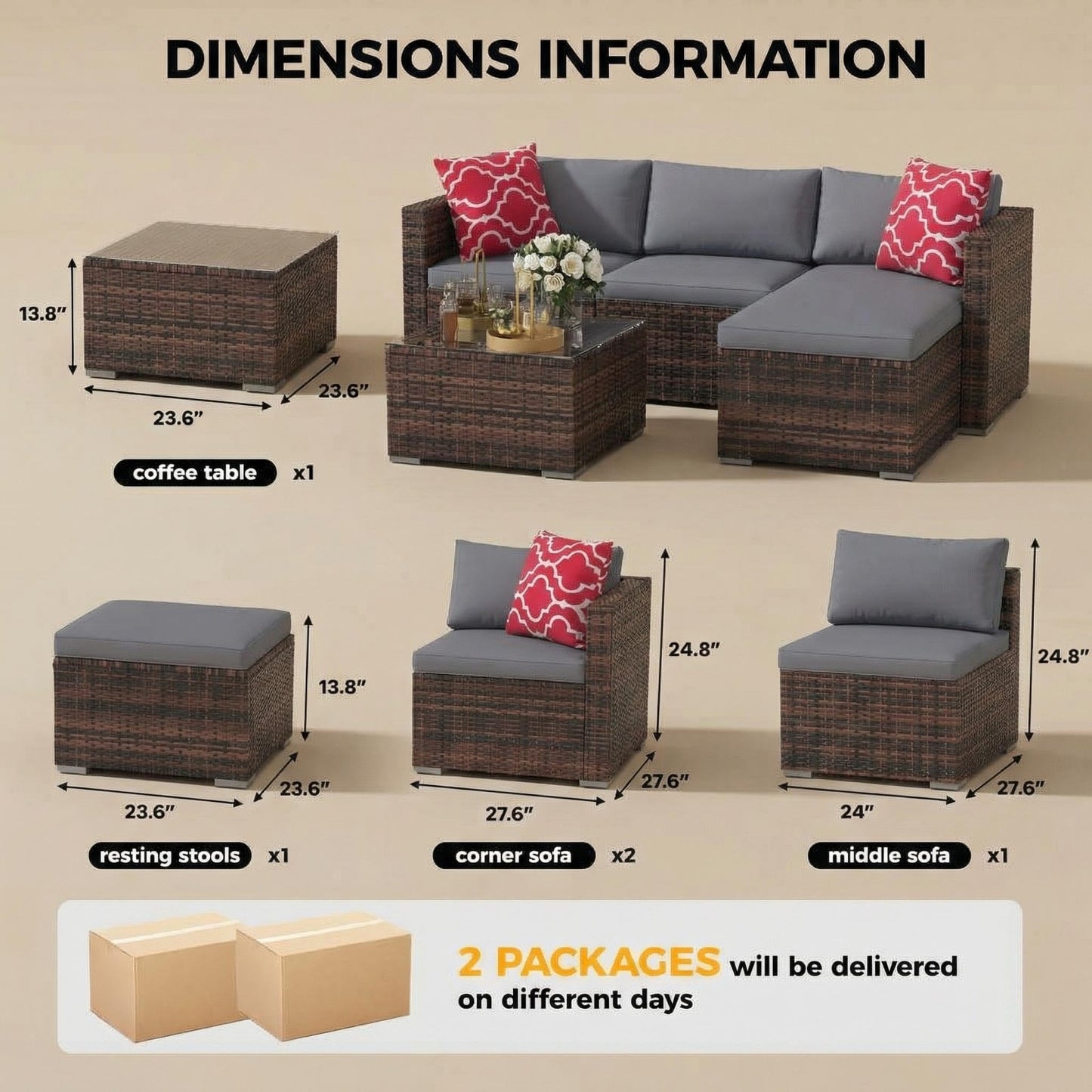 GarveeTech 5 Pieces Patio Furniture Set, All Weather Wicker Rattan Sectional Sofa,Outdoor Patio Furniture Set with Washable Cushions for Garden, Backyard, Porch, Poolside (Brown&Grey) ﻿