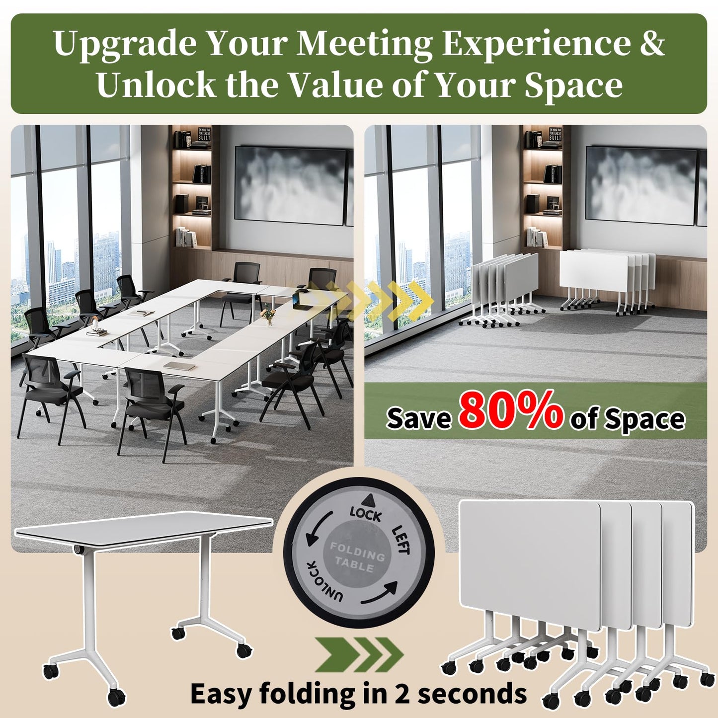 Modular Folding Conference Table with Wheels,2 Pack Mobile Conference Room Tables,Filp Top Rolling Meeting Training Tables for Office,Classroom,Library,Seminar,Boardroom,school(2pack,White,47in)