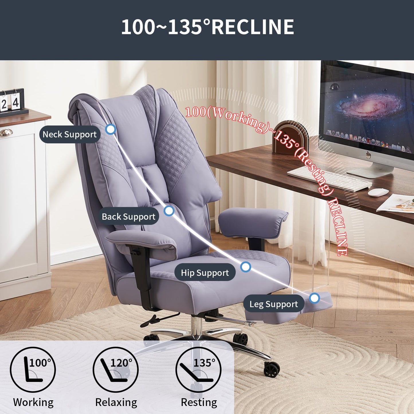 EXCEBET Big and Tall Office Chair 400lbs Wide Seat, Leather High Back Executive Office Chair with Foot Rest, Ergonomic Chairs Lumbar Support for Lower Back Pain Relief (Light Purple)