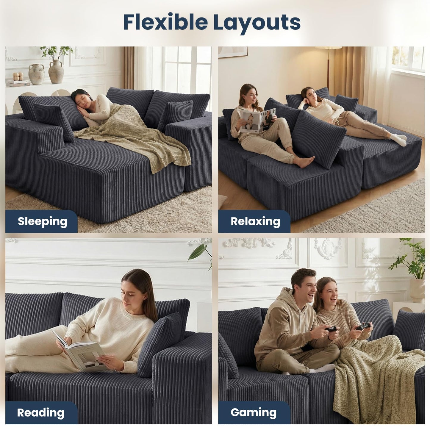 DUMOS 108” Modular Sectional Sofa, Cloud Sectional Couch with Deep Seat, Modern Modular L-Shape Sofa Couch with Chaise,Upholstered Boneless Couches for Living Room Bedroom (Grey,Right Facing Chaise)