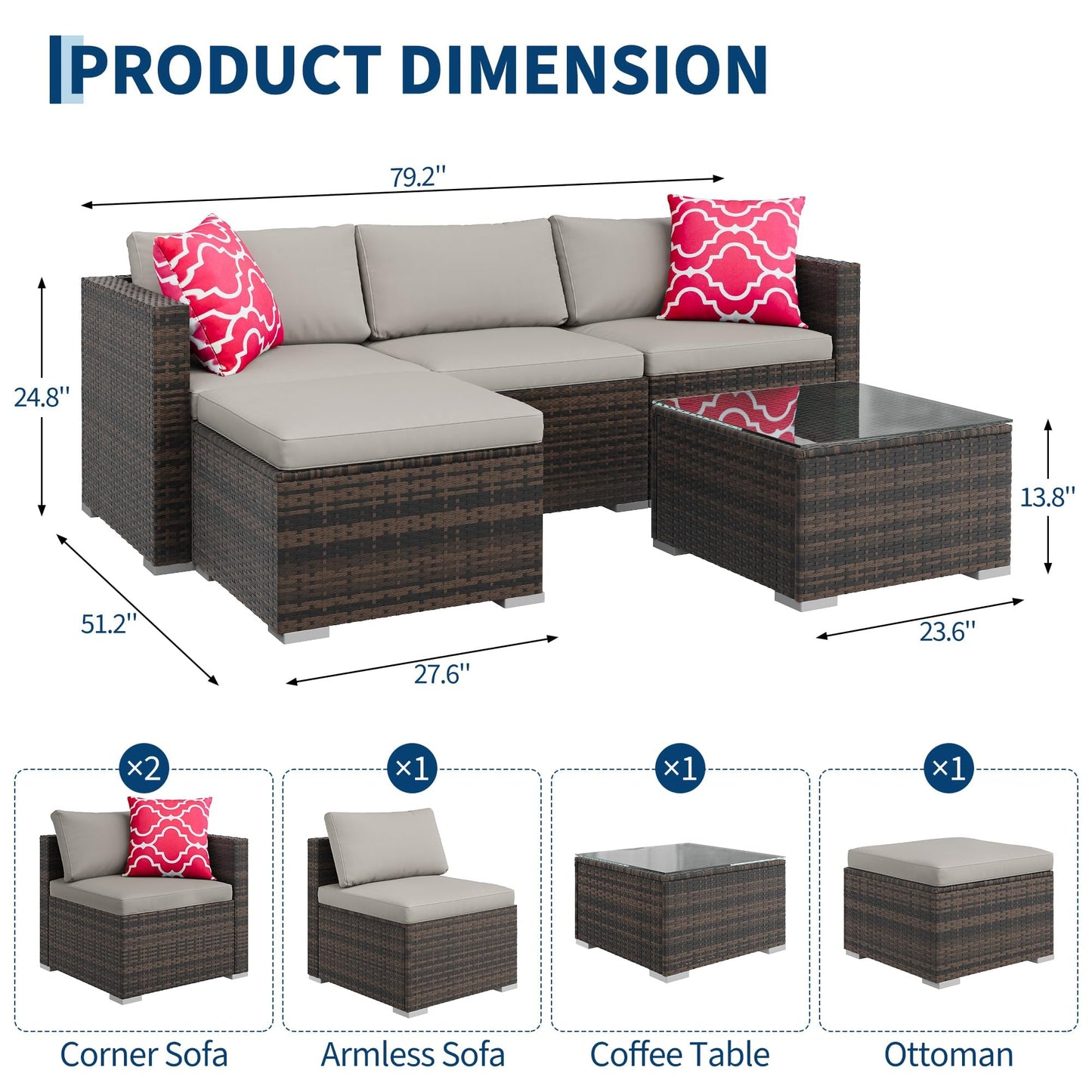GAOMON 5-Piece All-Weather Patio Furniture Set, Convertible Outdoor Sectional Sofa with Ottoman & Tempered Glass Table, PE Rattan Conversation Set for Garden, Backyard, Porch, Poolside