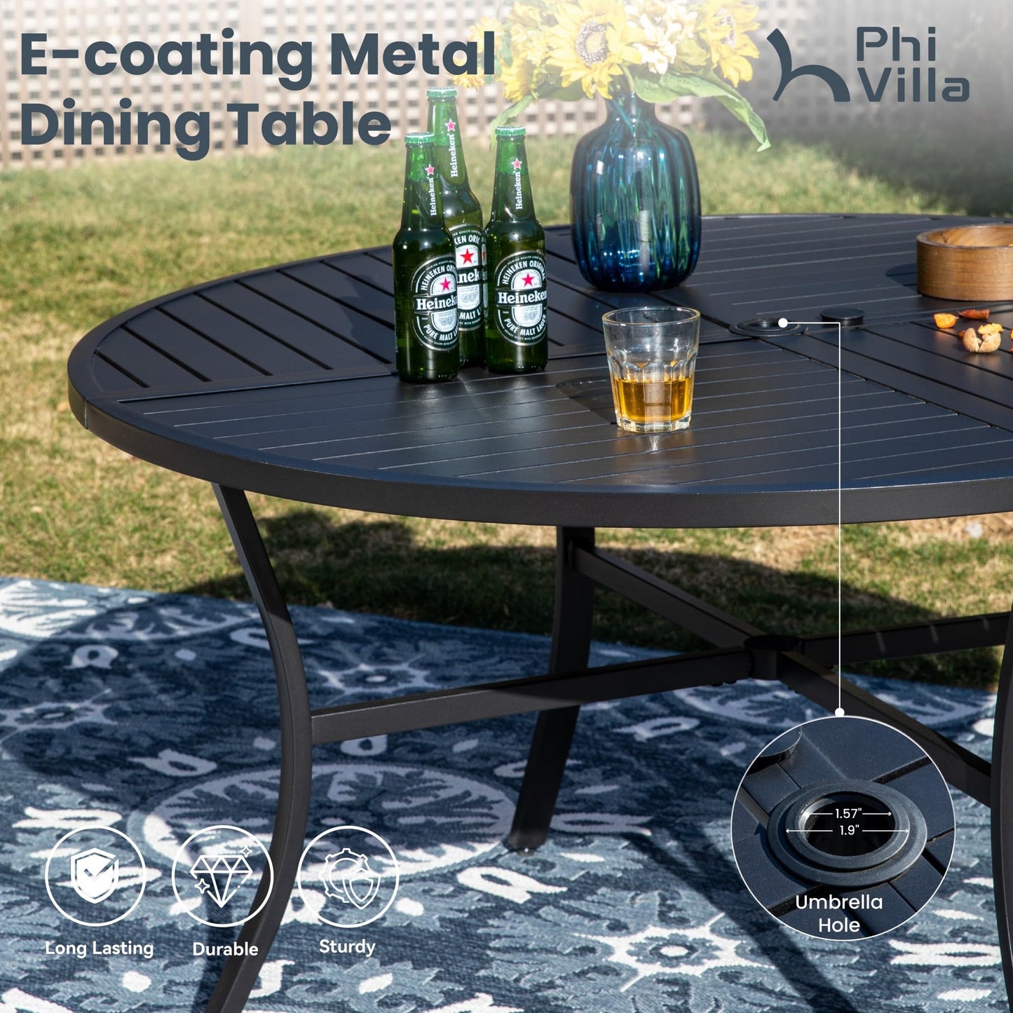 PHI VILLA 7 Piece Outdoor Patio Dining Set with 6 Padded Swivel Dining Chairs & 1 Large Round Dining Table, All Weather Dining Furniture Set for Lawn Garden (Blue)