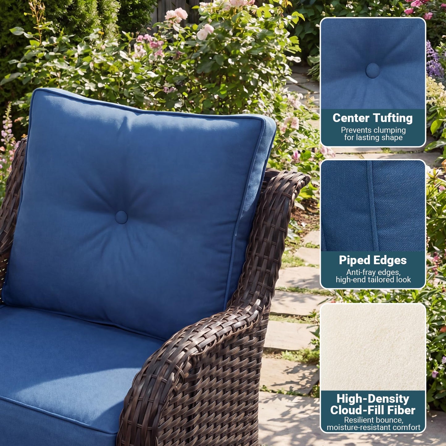 SAILARY Patio Furniture Set, 3PCS Outdoor Wicker Conversation Set Porch Furniture with 6" Thick Cushions, High Back Swivel Chairs, Weather Resistant Olefin Fabric for Garden, Poolside, Navy Blue