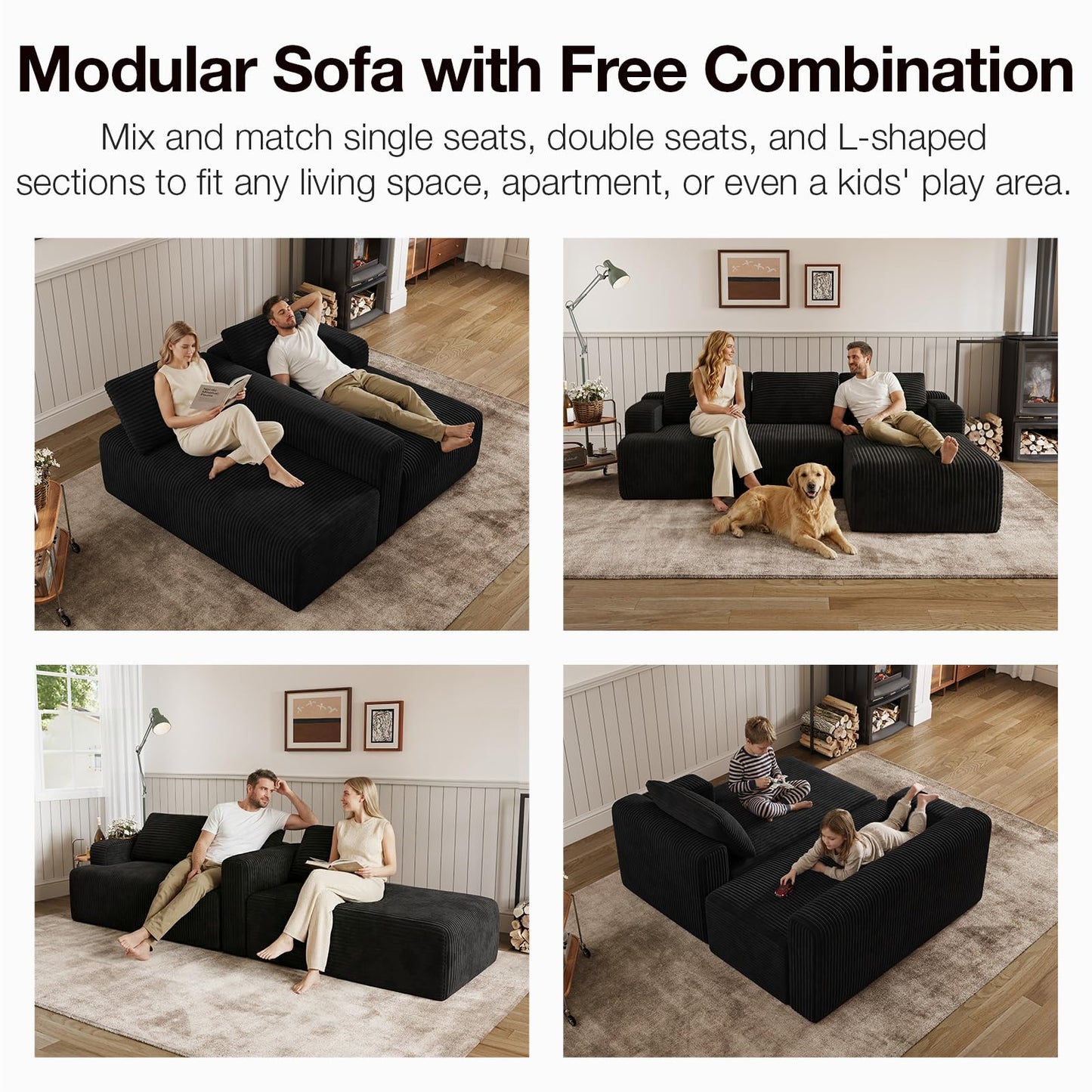 Novilla L-Shape Sectional Couches for Living Room with Smarts Coil® Support, 3 Seater Sectional Sofas for Living Room Bedroom, Corduroy Cloud Couch Sectional, No Assembly(Black, Right Hand Facing)