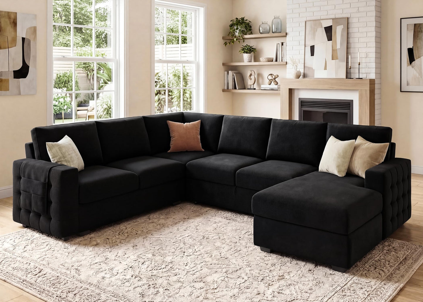 HONBAY Sectional Sleeper Sofa with Pull-Out Bed Storage Chaise, 6 Seater Couch for Living Room, Black