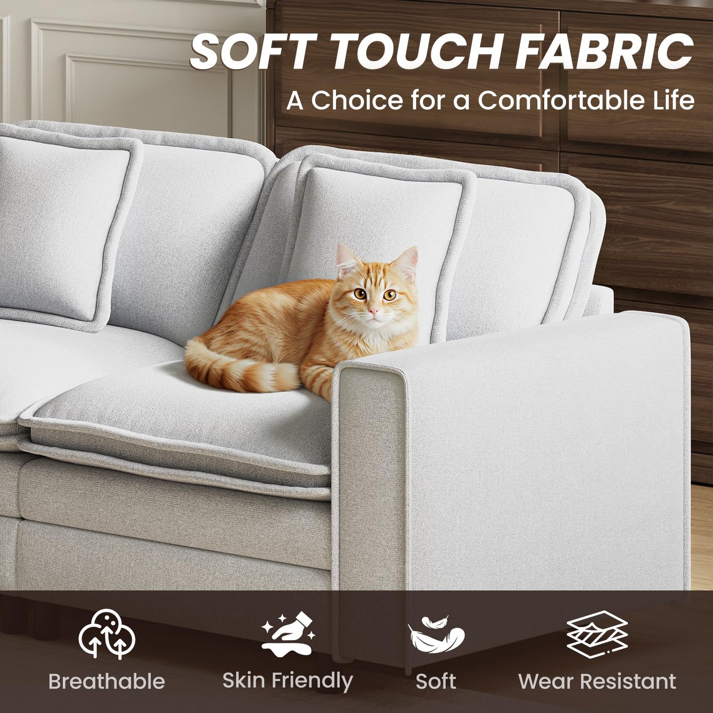 MALOL Modular Sectional Sofa 107", Comfy Cloud Couch with Ottoman, Deep 4-Seat L Shaped Modular Sofa, Couches with Throw Pillows for Living Room, Beige
