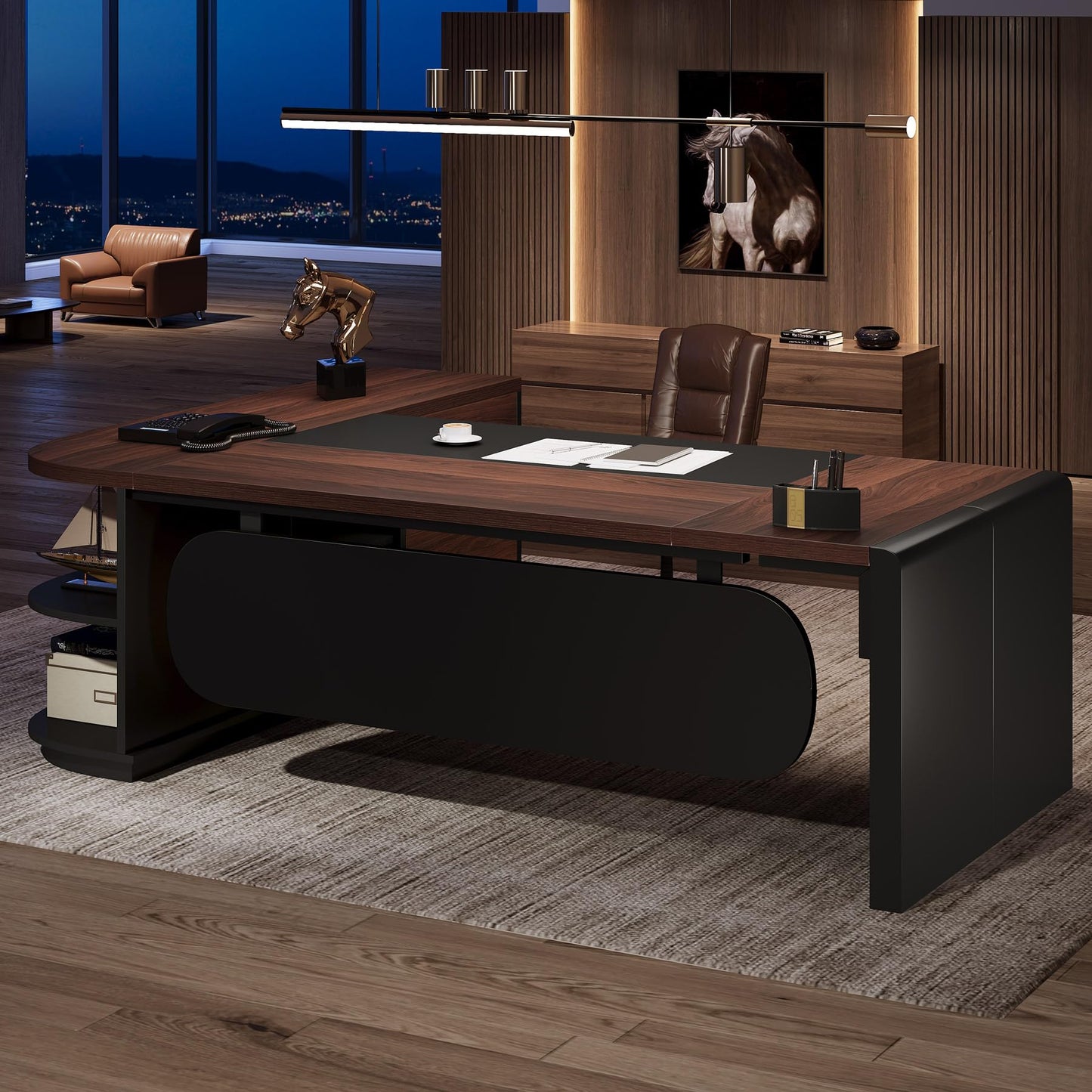 Tribesigns 80'' L-Shaped Desk Set of 4, Large Executive Office Desk with 55'' Drawers Cabinet, Modern Computer Table with Storage Shelves, Business Furniture for Office, Walnut & Black
