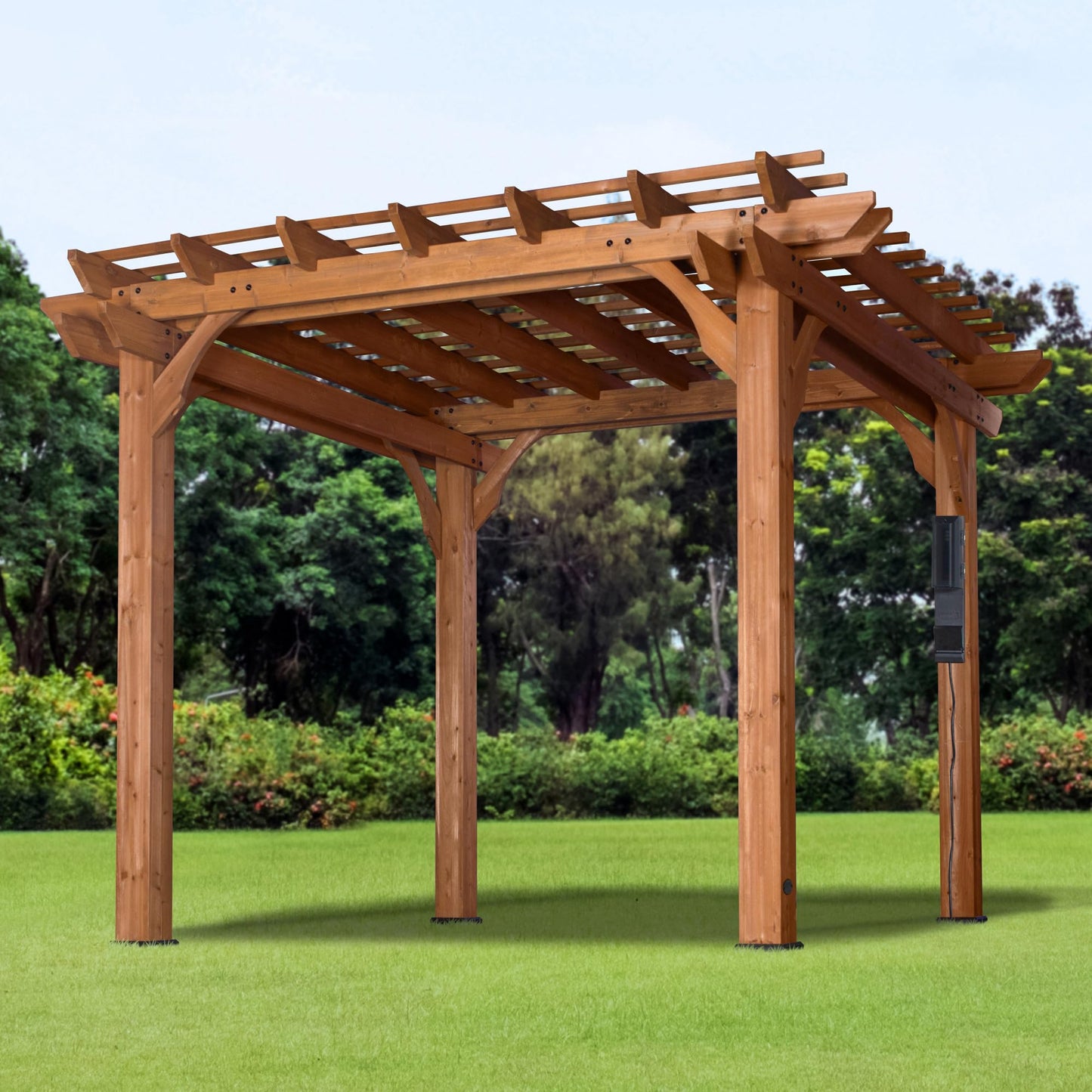 Backyard Discovery Beaumont 10' x 10' Traditional Cedar Wood Pergola Kit with Trellis Roof, All-Season Durability, High-Wind Rating, PowerPort, Shade for Outdoor Patio, Deck, Garden, and Entertaining