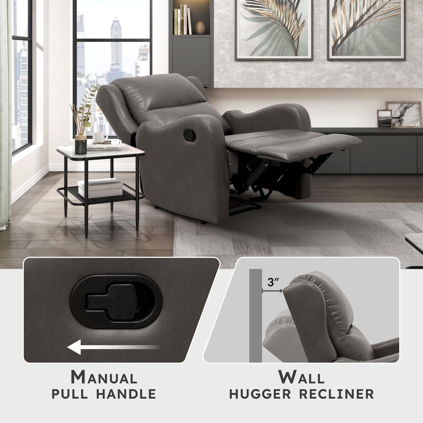 Lexicon Manual Recliner Chair, Reclining Sofa Chair, Home Theater Seating, Wall Hugger, Manual Recliner for Living Room/Office/Apartment, Easy Assembly, Gray Faux Leather
