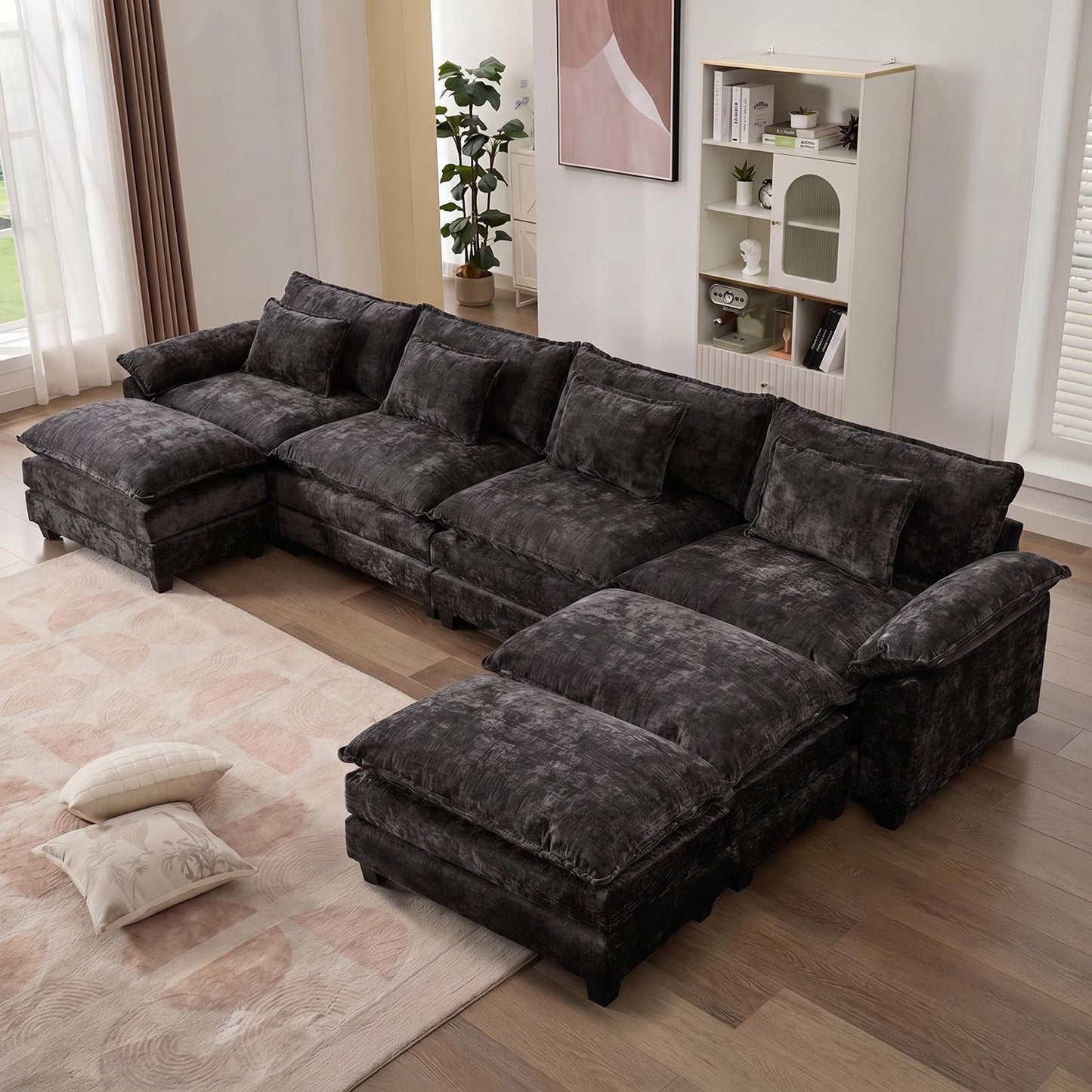 IPKIG 154" Modular Sectional Sofa, Chenille C-Shaped Sectional Couch Comfy Upholstered Seat Sofa with Ottoman, Deep Seat Cloud Couch Sofa for Living Room, Black