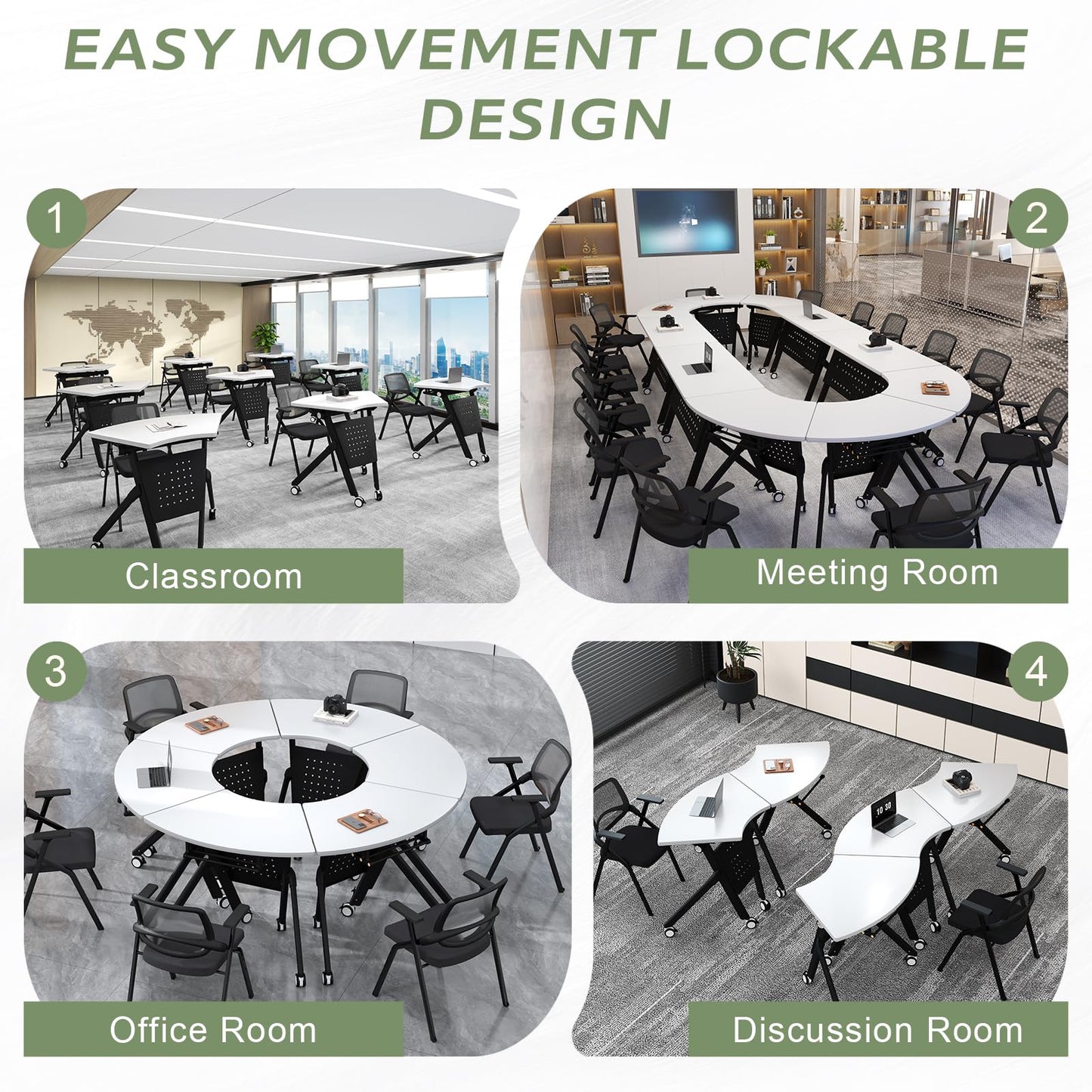 JFazzruit Folding Conference Table,Fan-Shaped Conference Room Tables with Wheels, Mobile Modular Seminar Meeting Desk for Classrooms,Office & Seminar (6, Fan-White)