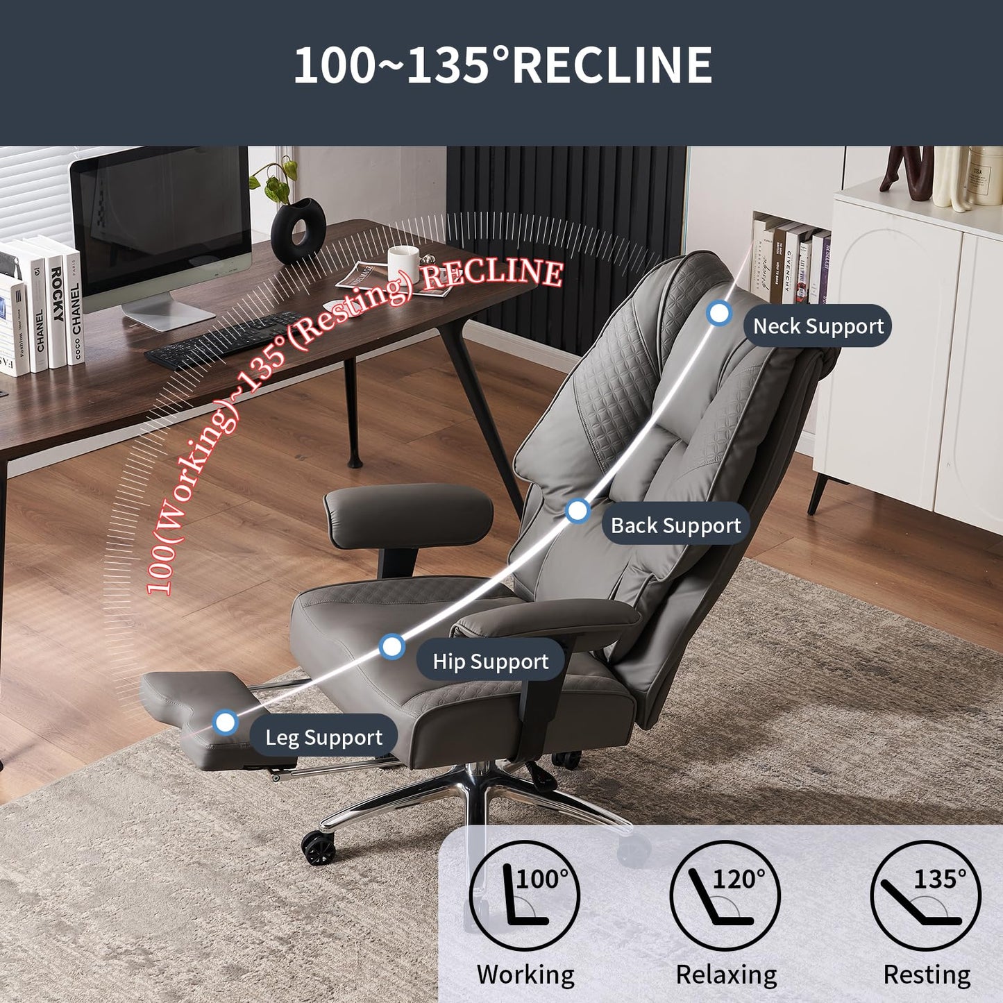 EXCEBET Big and Tall Office Chair 400lbs Wide Seat, Leather High Back Executive Office Chair with Foot Rest, Ergonomic Chairs Lumbar Support for Lower Back Pain Relief (Grey)