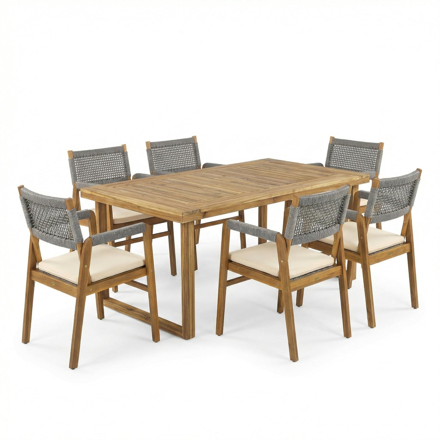 Christopher Knight Home Terry Acacia Wood Patio Dining Set for 6, Solid Wood Outdoor Dining Table Set for 6, 7 Piece Outdoor Dining Set with Rectangular Table and Woven Rope Accents, Teak+Beige+Grey