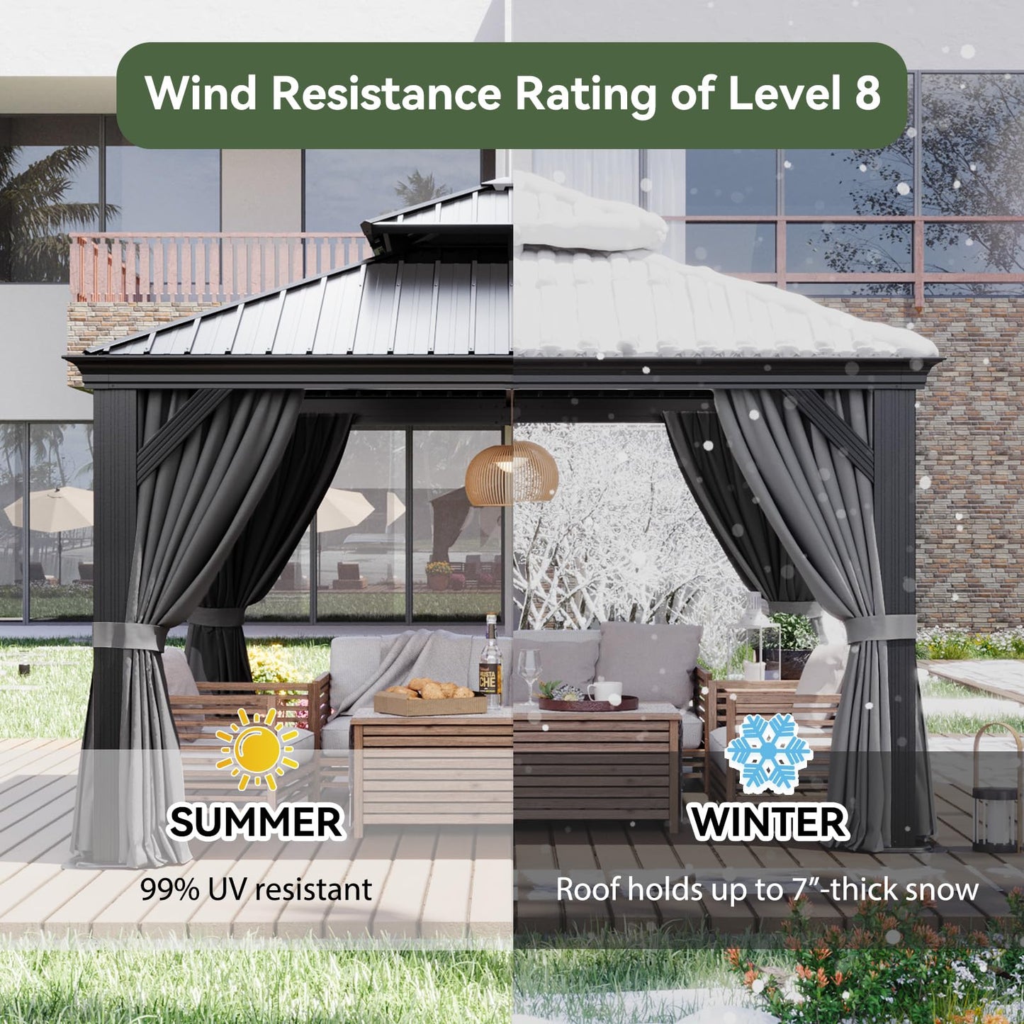 Aoxun 12' X 12' Hardtop Gazebo with Drainage System, Aluminum Outdoor Gazebo with Galvanized Steel Double Roof, Patio Permanent Metal Pavilion with Netting, for Garden, Deck, Backyard, Grey