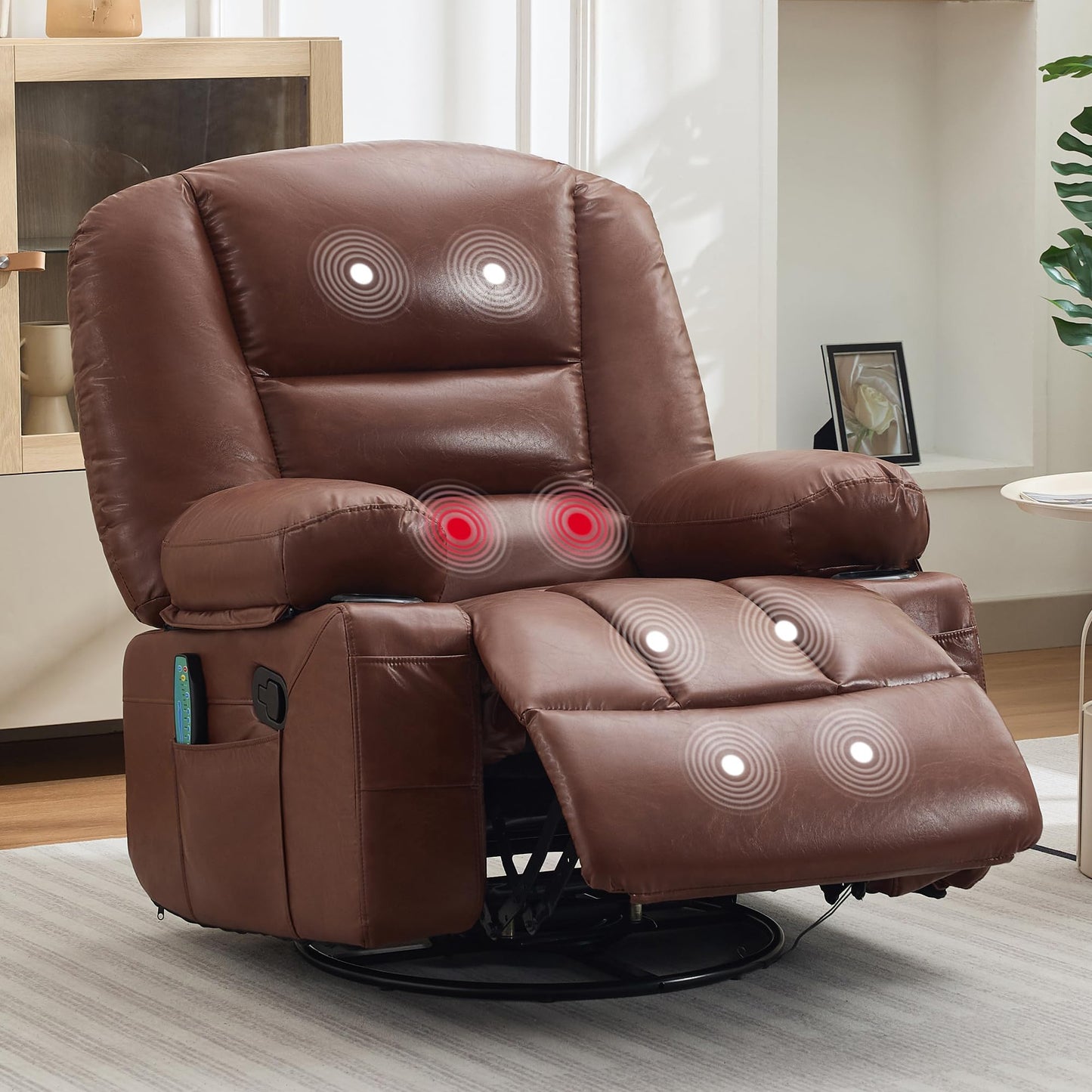 Oversized Wide Recliner Chair-Heat and Vibration Massage, PU Leather Manual Recliner for Adults, 360° Swivel Rocker Chair with Cup Holders & Side Pocket,Lazy Boy Chair for Living Room, Bedroom,Brown