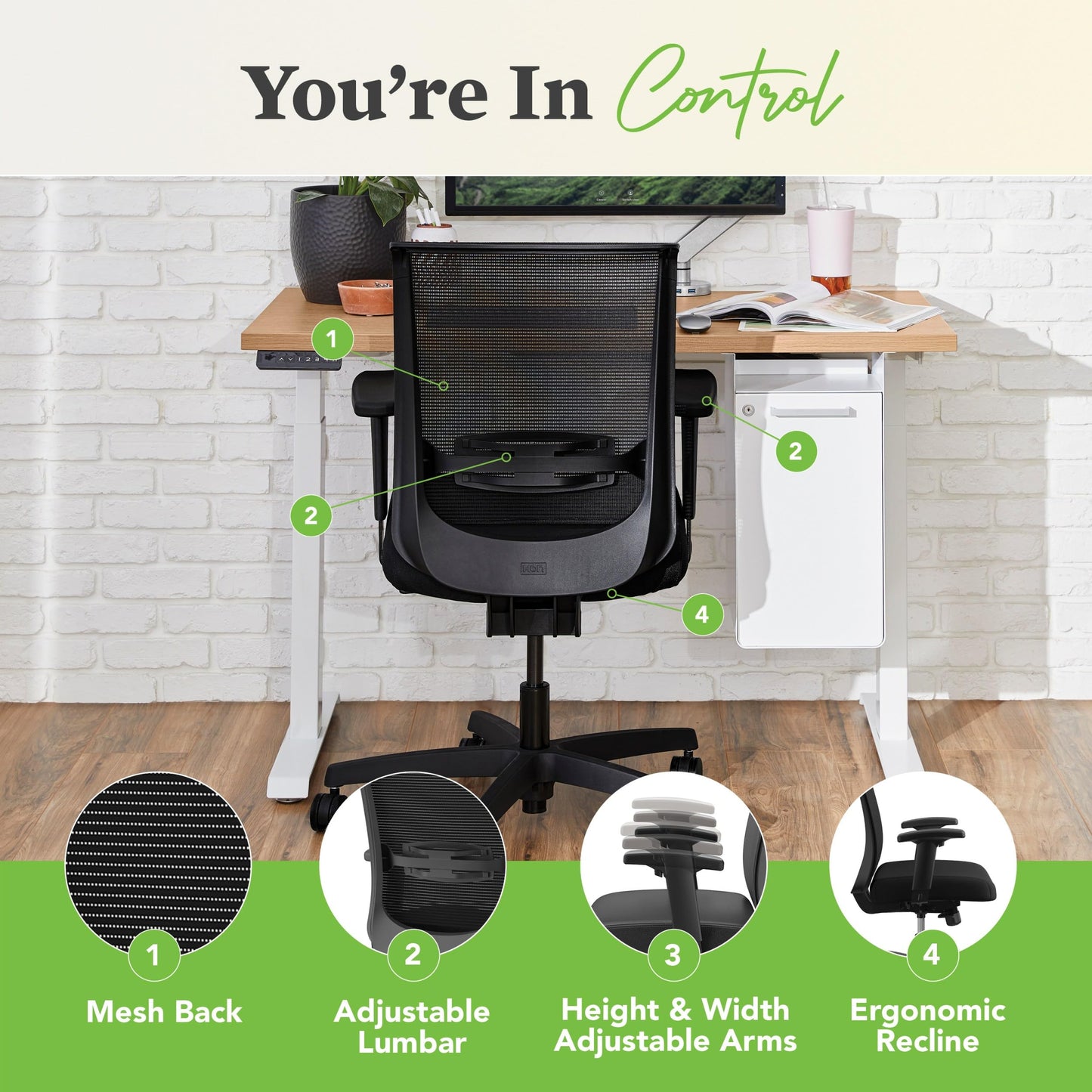 HON Convergence Ergonomic Office Chair with Mesh Back, Adjustable Arms, Lumbar Support, Synchro‑Tilt Desk Chair with Wheels for Home Office or Computer Use, Black Frame, Apricot