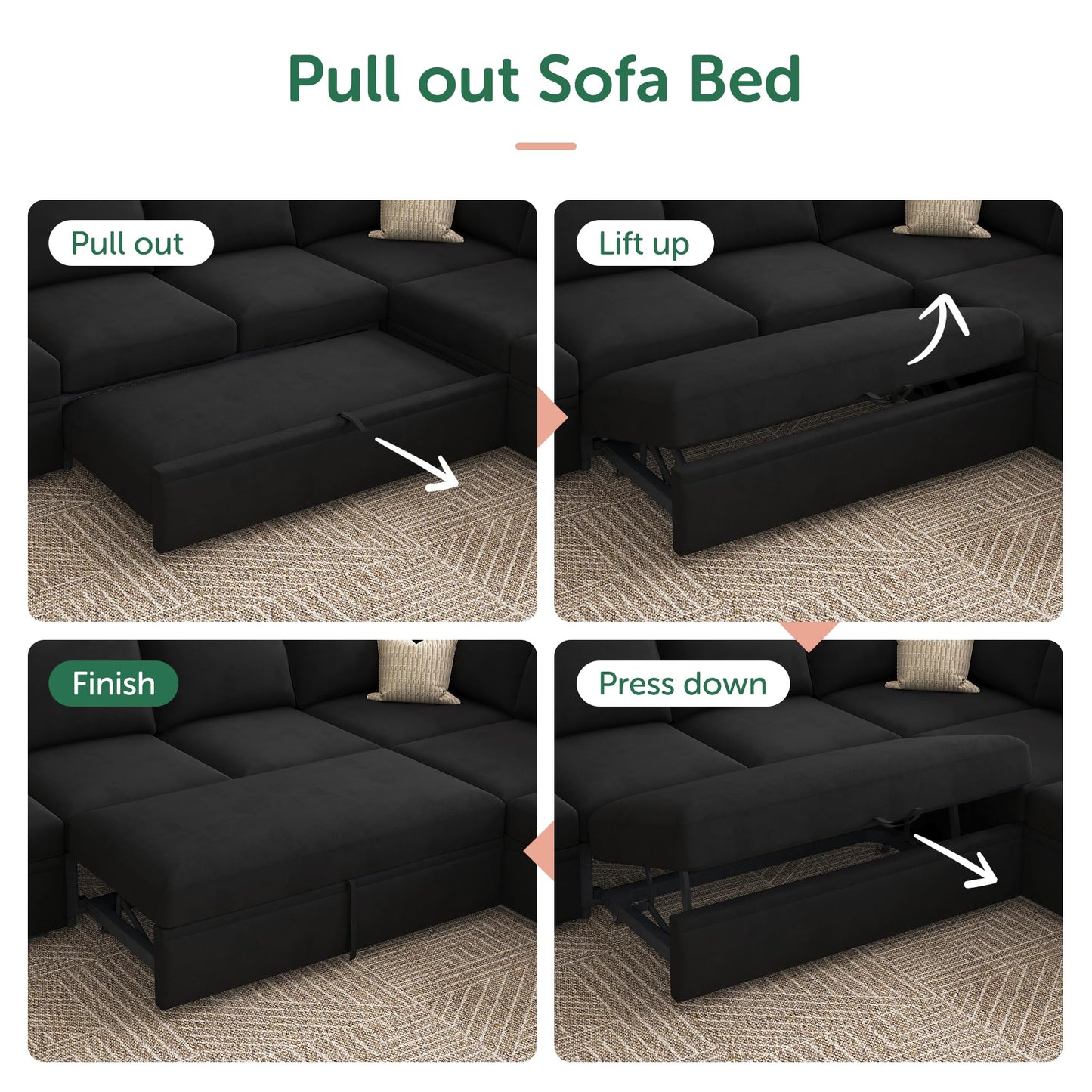 HONBAY Modular Sectional Sleeper Sofa Bed, Velvet Sectional Couch with Pull Out Bed U Shaped Modular Couch with Storage Ottoman for Living Room, Black