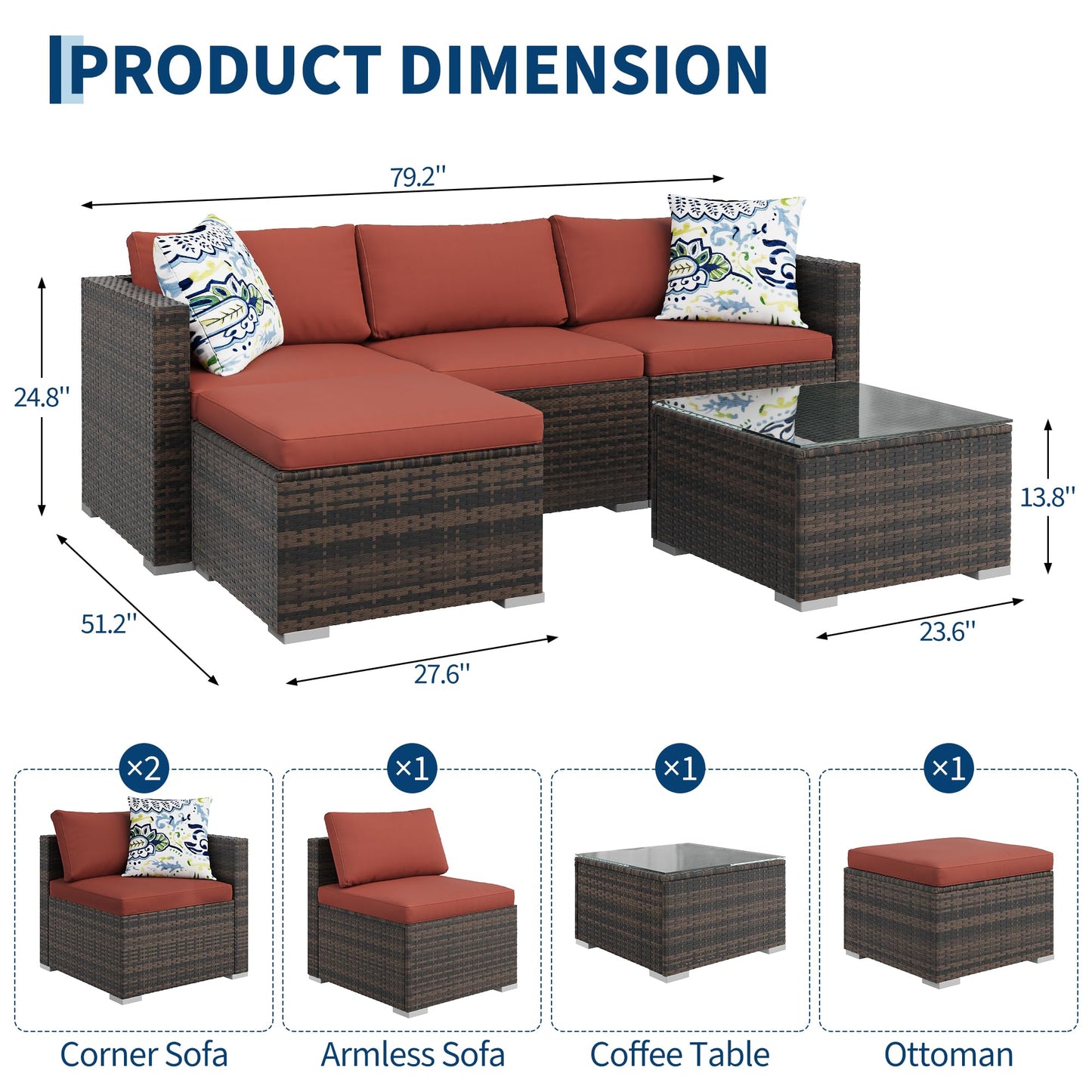 GAOMON 5-Piece All-Weather Patio Furniture Set, Convertible Outdoor Sectional Sofa with Ottoman & Tempered Glass Table, PE Rattan Conversation Set for Garden, Backyard, Porch, Poolside