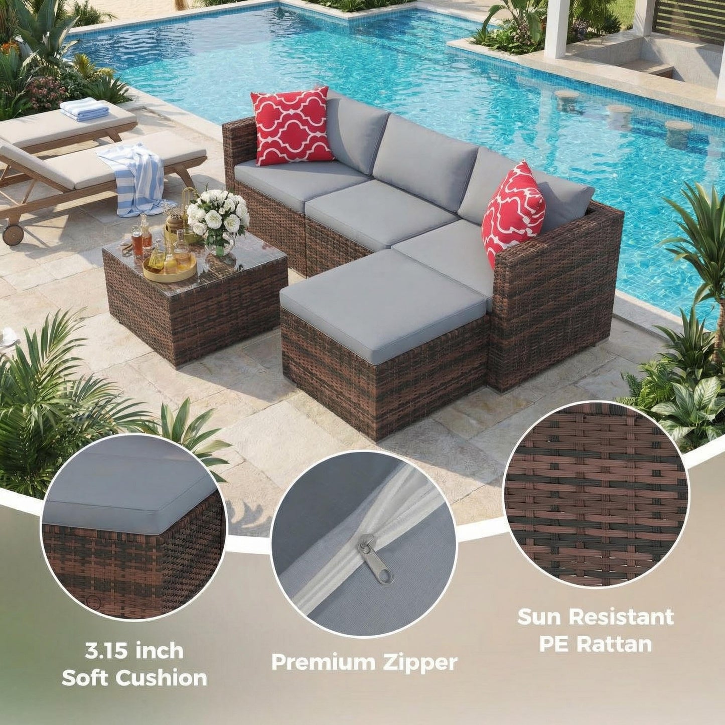 GarveeTech 5 Pieces Patio Furniture Set, All Weather Wicker Rattan Sectional Sofa,Outdoor Patio Furniture Set with Washable Cushions for Garden, Backyard, Porch, Poolside (Brown&Grey) ﻿