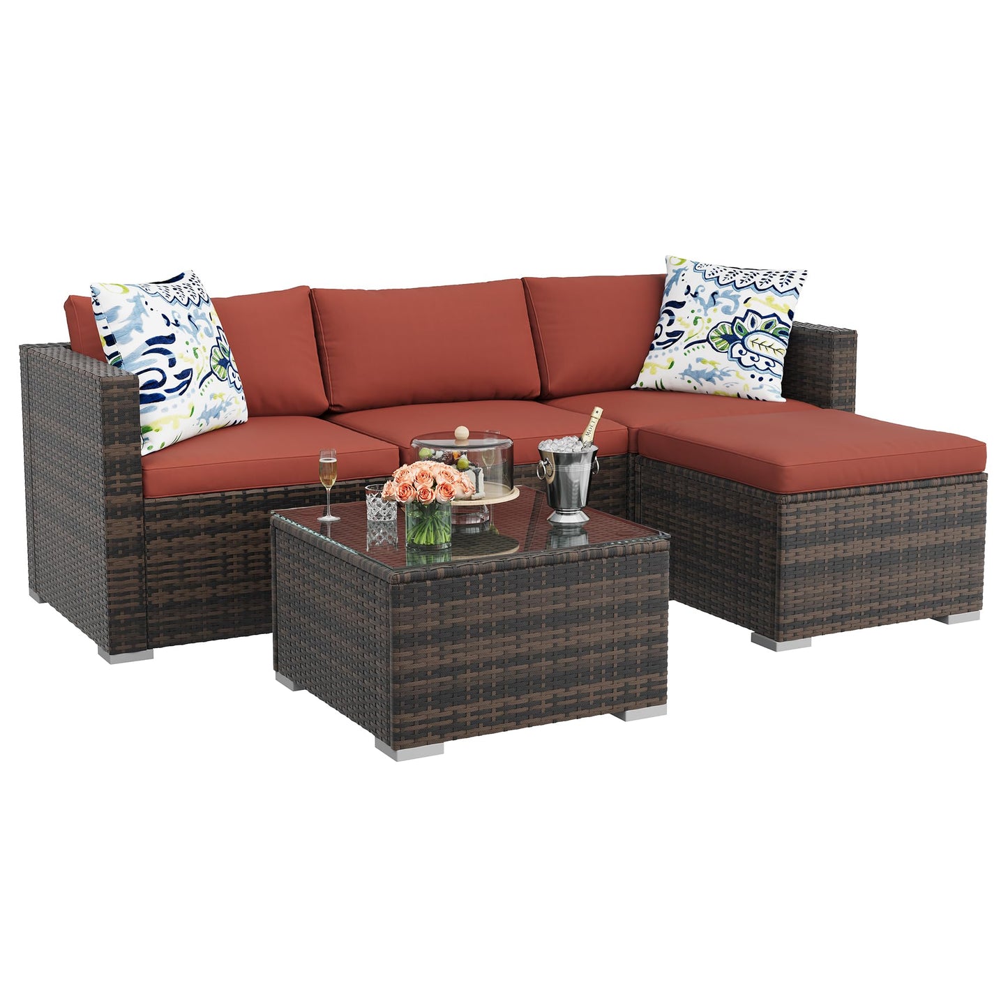 MilleLoom 5-Piece Outdoor Sectional Sofa Set, All-Weather PE Rattan Patio Furniture with Ottoman & Tempered Glass Table, Convertible Garden Couch for Backyard, Porch, Poolside (Brown/Wine Red)