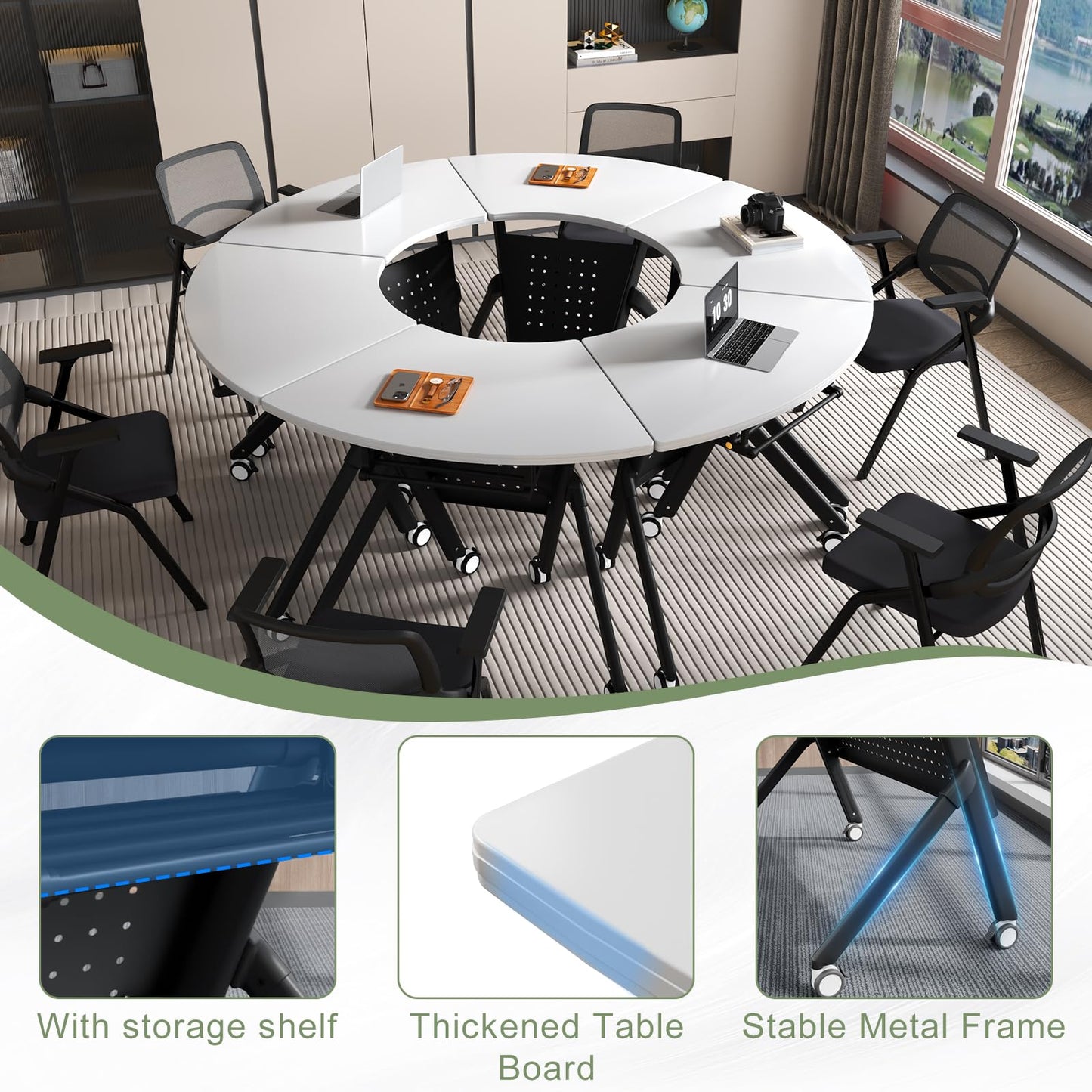 JFazzruit Folding Conference Table,Fan-Shaped Conference Room Tables with Wheels, Mobile Modular Seminar Meeting Desk for Classrooms,Office & Seminar (8, Fan-White)