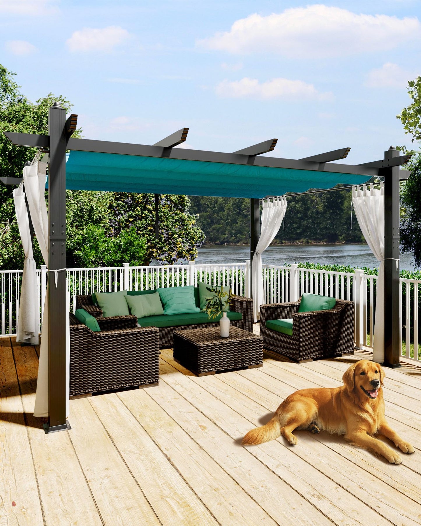 KYBOLT 10x13 Ft Outdoor Pergola with Retractable Canopy & Side Mesh Screen Patio Gazebo for Garden Backyard Deck Grape Trellis(Blue+White)