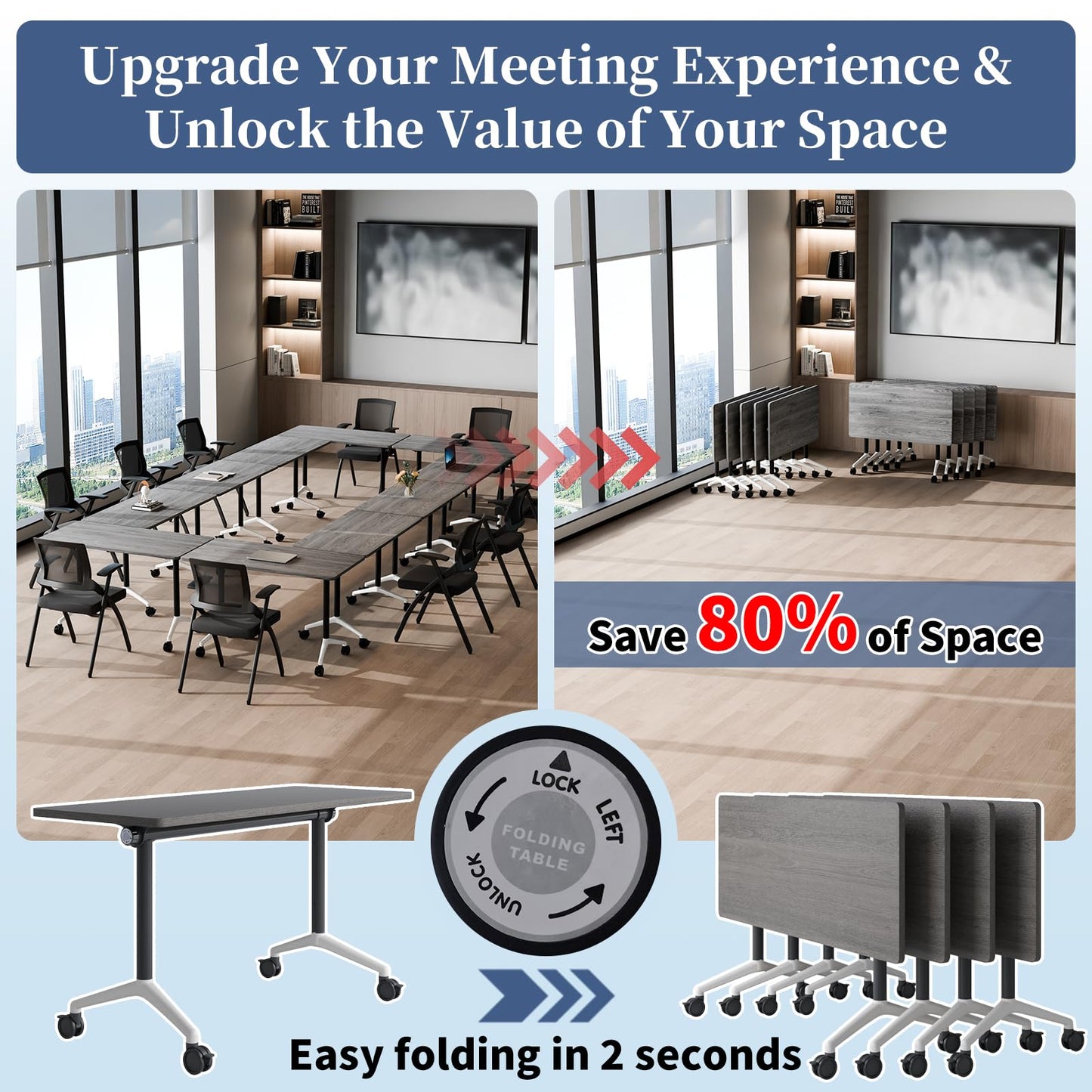 Modular Folding Conference Table with Wheels,2 Pack Mobile Conference Room Tables,Filp Top Rolling Meeting Training Tables for Office,Classroom,Library,Seminar,Boardroom,school(2pack,Grey,47in)
