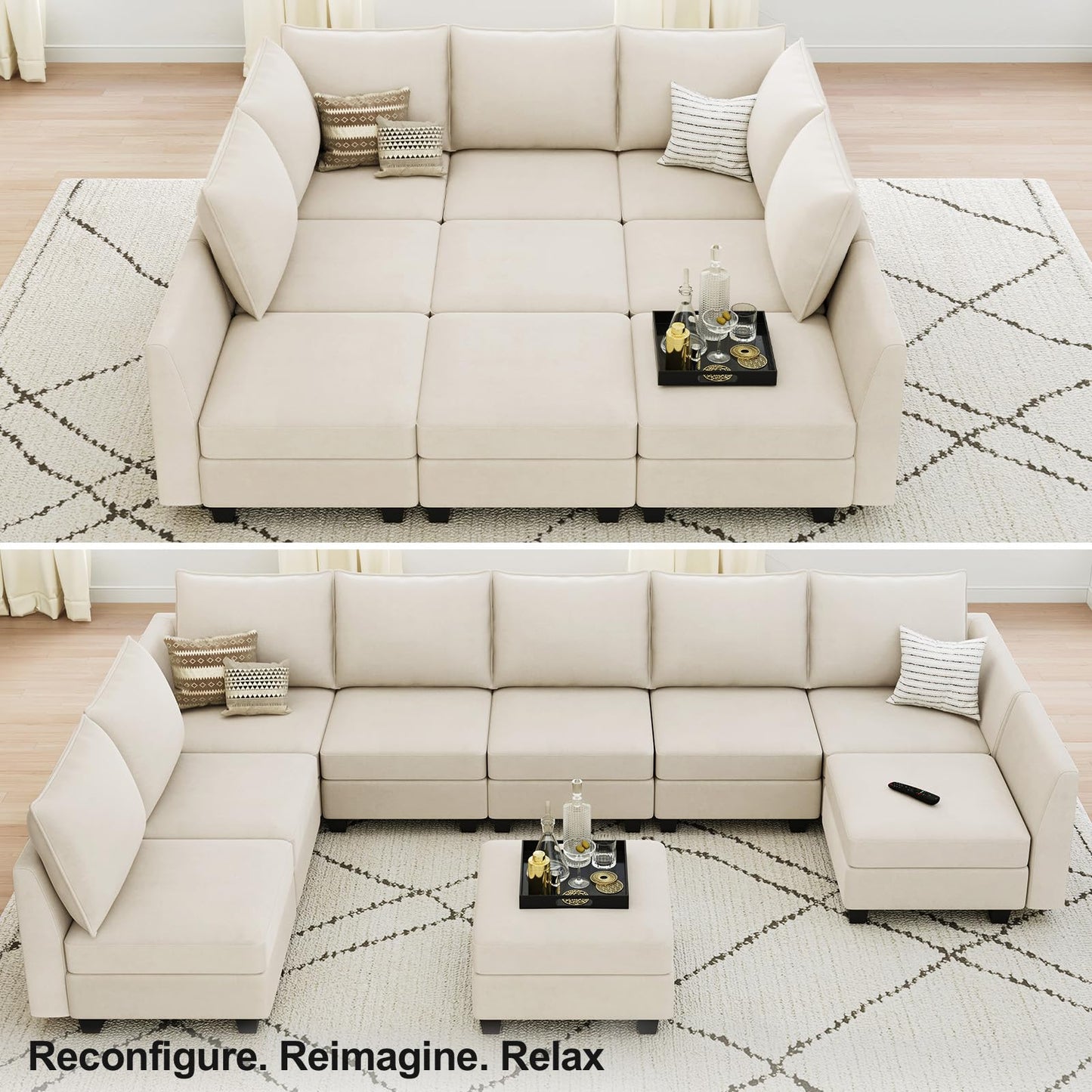 Belffin Large Modular Sectional Sofa Sleeper Couch with Storage Velvet Sectional Sofa Bed for Living Room, 9 Seats, Beige