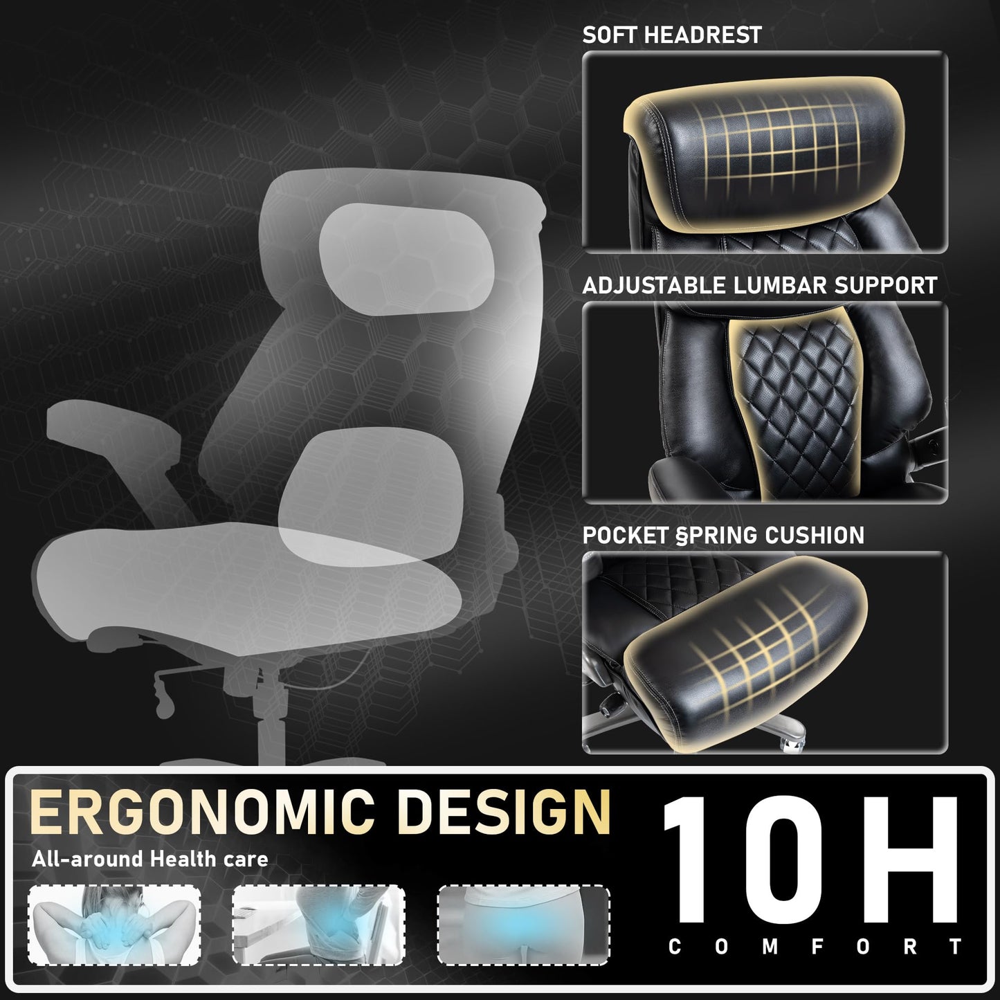 DYHOME 700LBS Heavy Duty Office Chair with 4D Armrest, Comfy Big and Tall Executive Office Desk Chair, Ergonomic Computer Chair with Pocket Spring Cushion & Lumbar Support, Dual Rubber Wheel (Black)