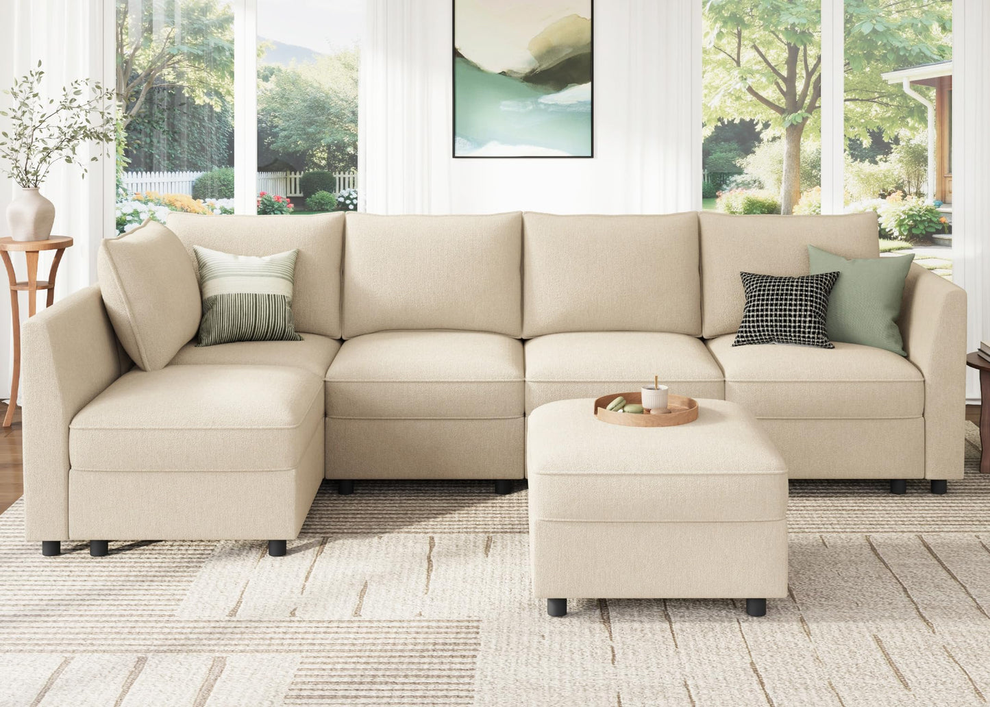 HONBAY Modular Sectional Sofa L Shaped Sectional Couch with Storage, Convertible Couches for Living Room - Beige