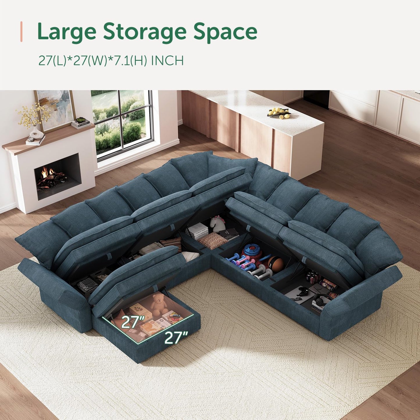 HONBAY Modular Sectional Sofa, 6 Seaters Corduroy Sectional Couchwith Ottoman, L Shaped Sofa with Storage & Pillows, Blue