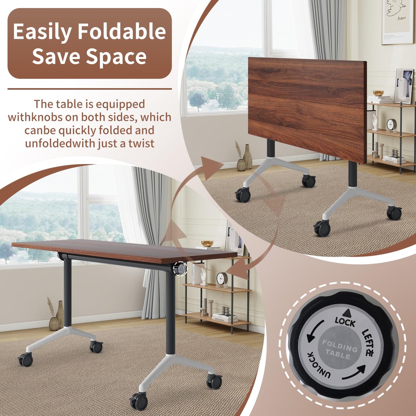 Conference Room Table, Folding Conference Table with Silent Wheels, Modular Flip Top Mobile Training Tables for Office, Training Room, Meeting Rooms, School, 2-16 Person (6, Walnut, 55.1in)
