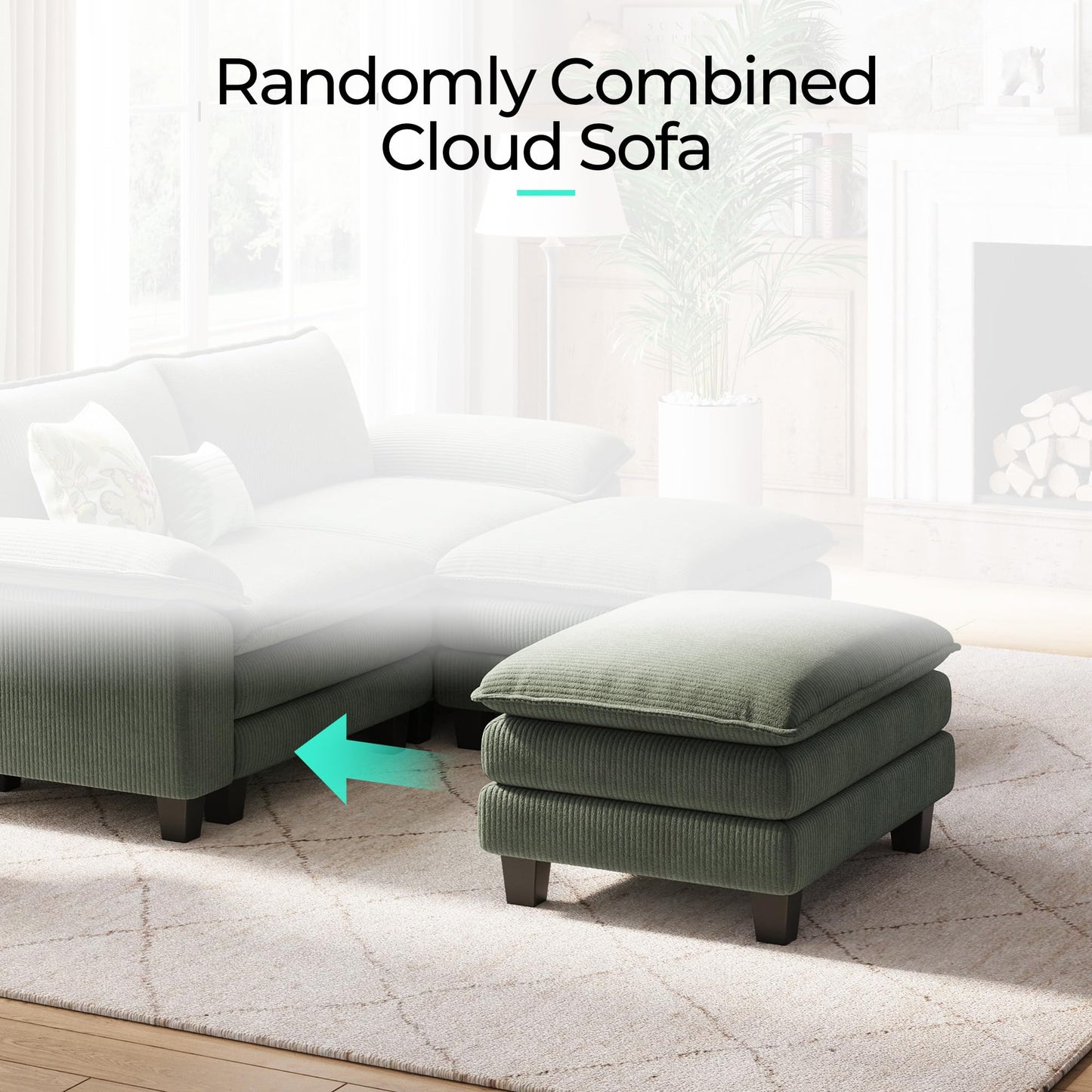 LINSY HOME Modular Sectional Sofa - Oversized Corduroy Cloud Couch with Movable Ottoman Soft Modern Comfy Sofa Set for Living Room Apartment Office, Green