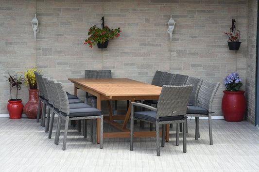 Amazonia Jefferson 13-Piece Patio Extendable Dining Table Set | Teak Finish & Light Grey Wicker Chairs with Cushion | Ideal for Outdoors and Indoors