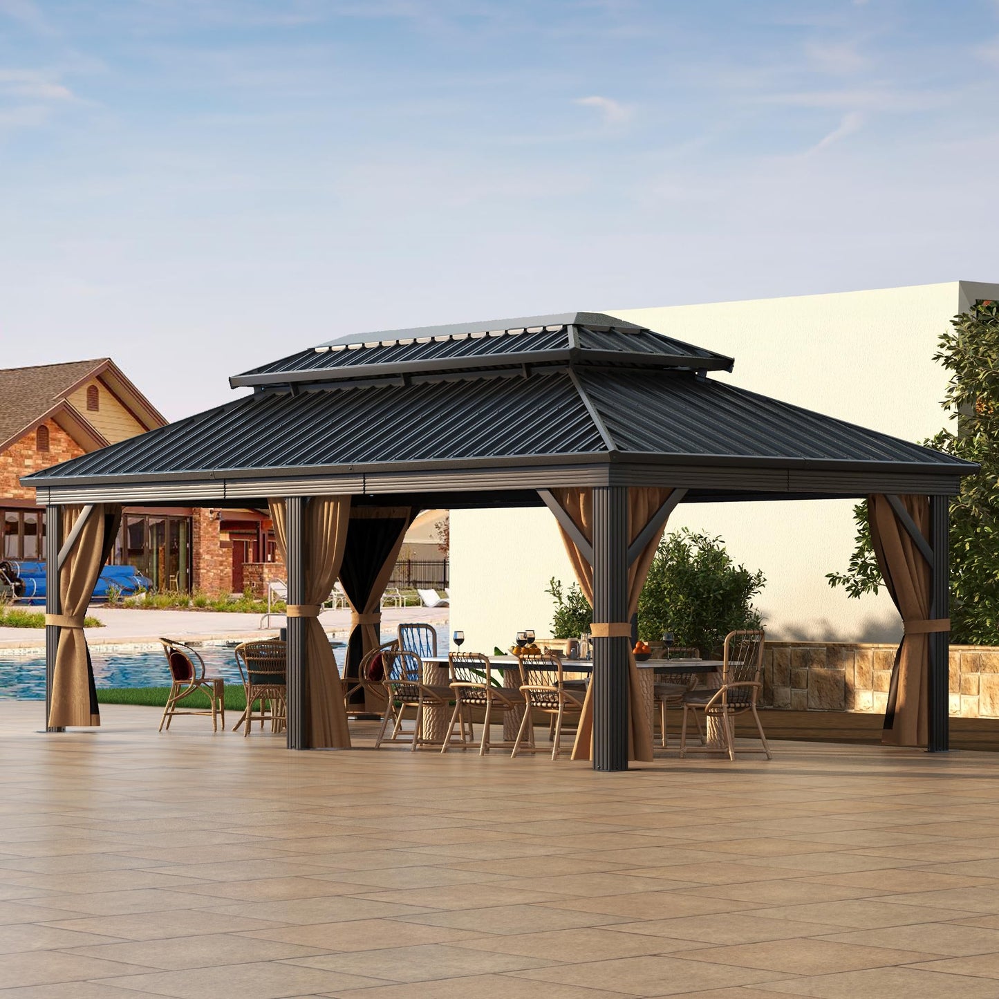 DWVO 12x18ft Gazebo Double Roof Hardtop with Nettings and Curtains, Heavy Duty Galvanized Steel Outdoor Vertical Stripes Roof for Patio, Backyard, Deck, Lawns, Brown