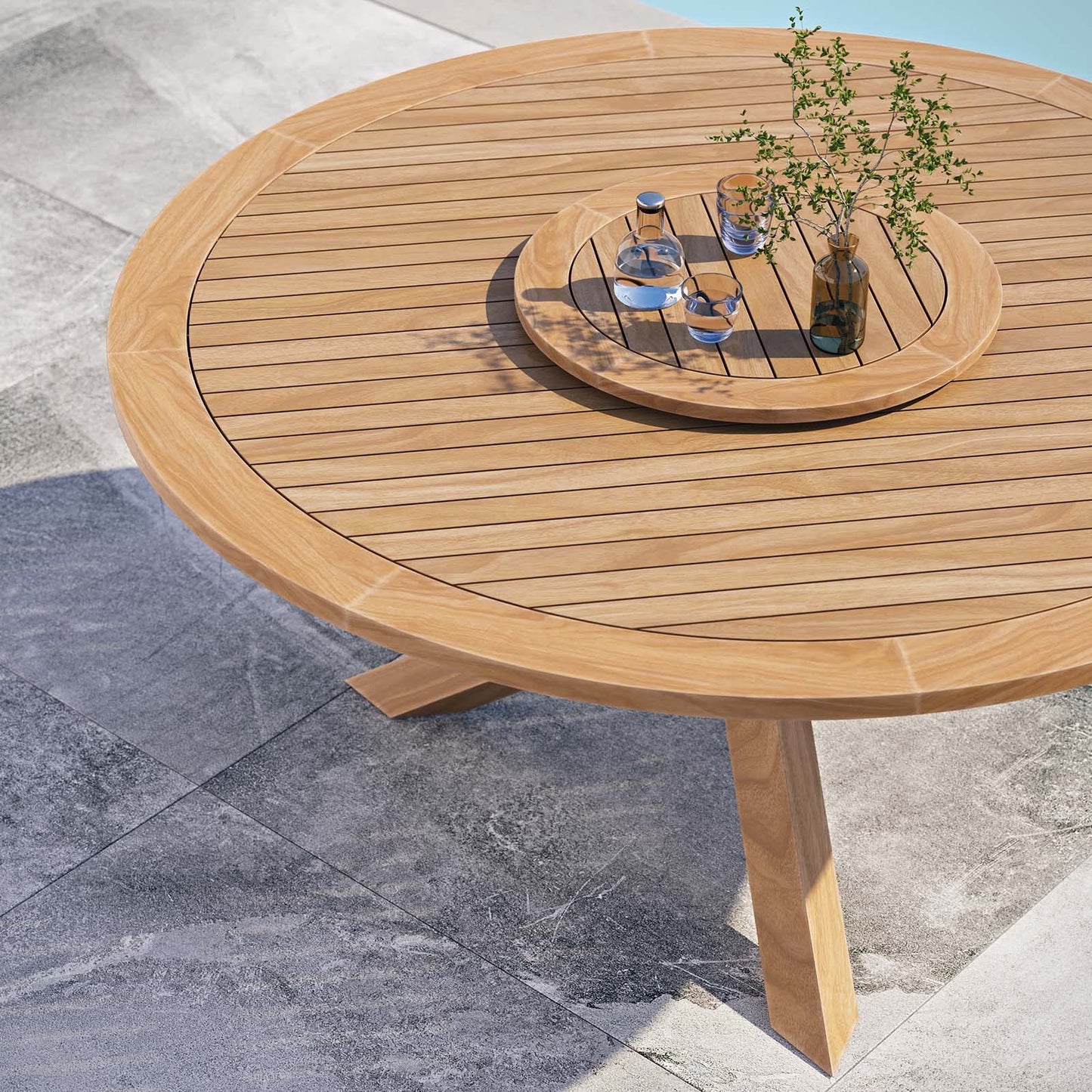 Modway Wellspring Outdoor Patio Round Teak Wood 63" Dining Table in Natural