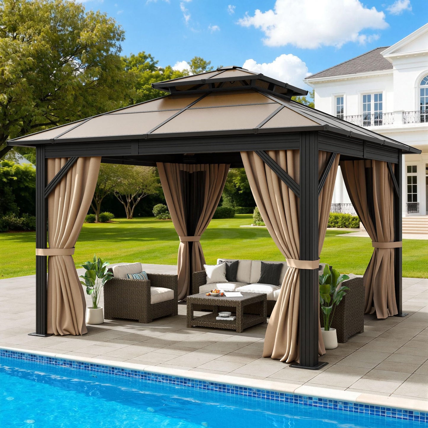DWVO 10x10ft Gazebo Hardtop Double Roof Polycarbonate Canopy Outdoor with Netting and Shaded Curtains, Metal Frame Garden Tent for Patio, Backyard, Deck and Lawns, Brown