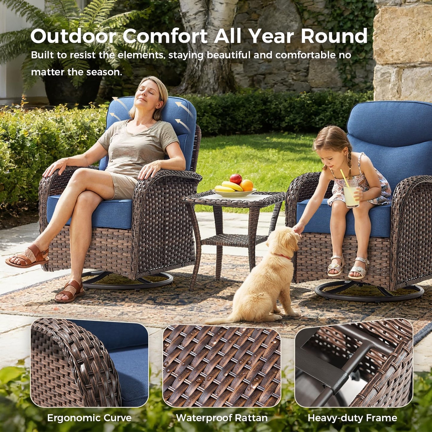 Luxury Outdoor Swivel Rocker Patio Chairs with 6-Inch Thick Cushions, High Back Swivel Glider Patio Chairs, 3PCS Wicker Outdoor Furniture Set for Porch, Patio, Yard, Deck, Poolside, Brown/Blue