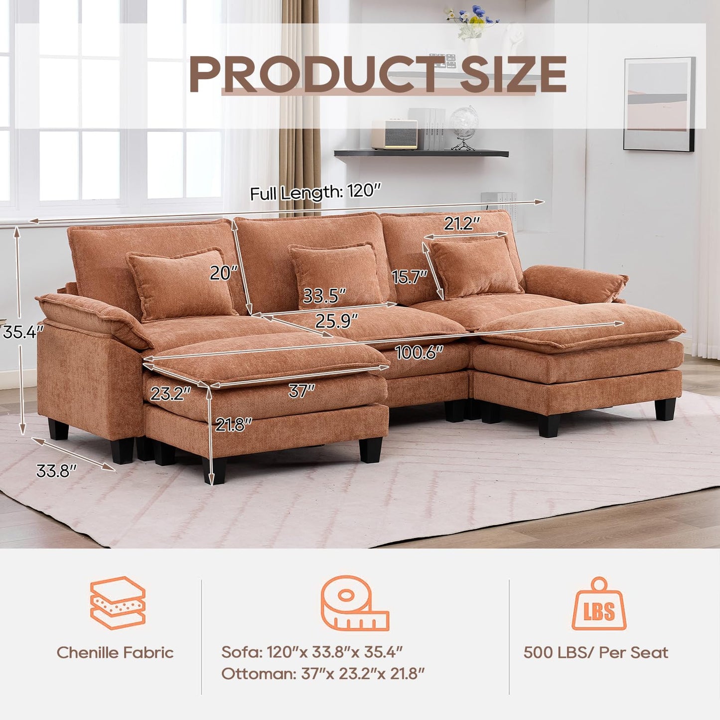 IPKIG 117" Modular Sectional Sofa, Chenille U-Shaped Sectional Couch Comfy Upholstered 3 Seat Sofa with 2 Ottoman, Deep Seat Cloud Couch Sofa for Living Room, Orange
