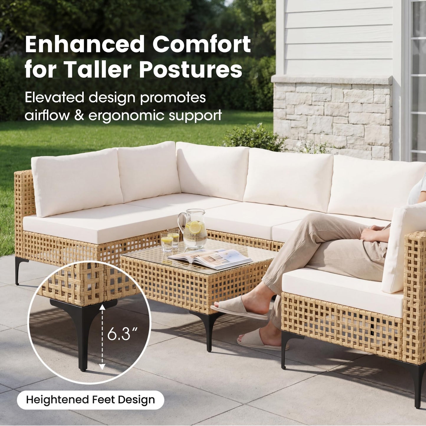 Devoko Patio Furniture Set,7 Pieces Outdoor Wicker Sectional Couch with Thick Cushions &Glass Tabletop, PE Rattan Backyard Conversation Sofa with Coffee Table for Deck, Porch