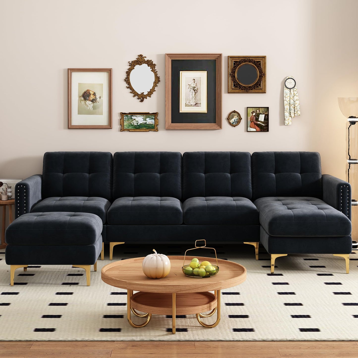 P PURLOVE Velvet Modern Large Sectional Sofa, U Shape Upholstered Couch with Chaise, Convertible Sofa Couch with Movable Ottoman for Living Room Apartment (Black)