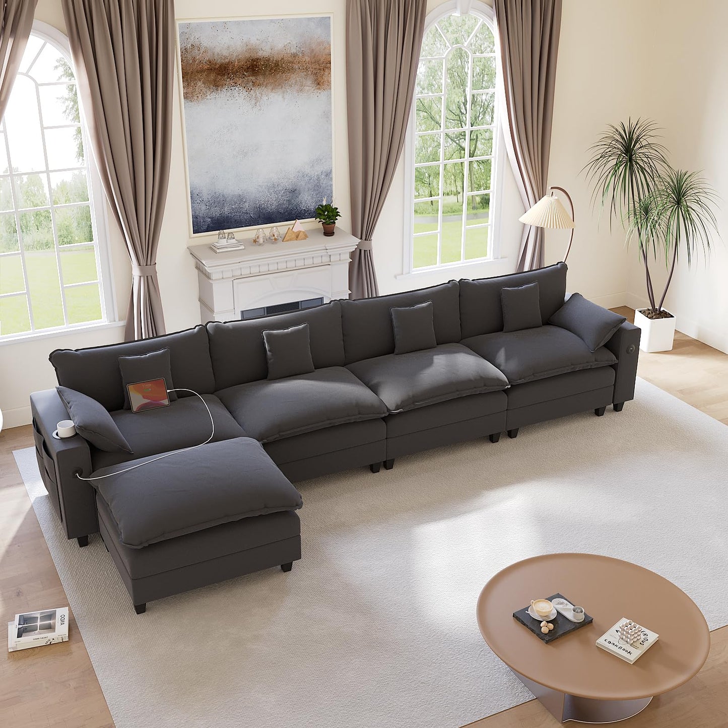 KCGKCG 152" Modular Sectional Sofa, L Shaped Cloud Couch with Movable Ottoman, Chenille Deep Seat Cloud Sofa with Charging Station, Cup Holder, Side Pocket, Sectional Couches for Living Room, Grey