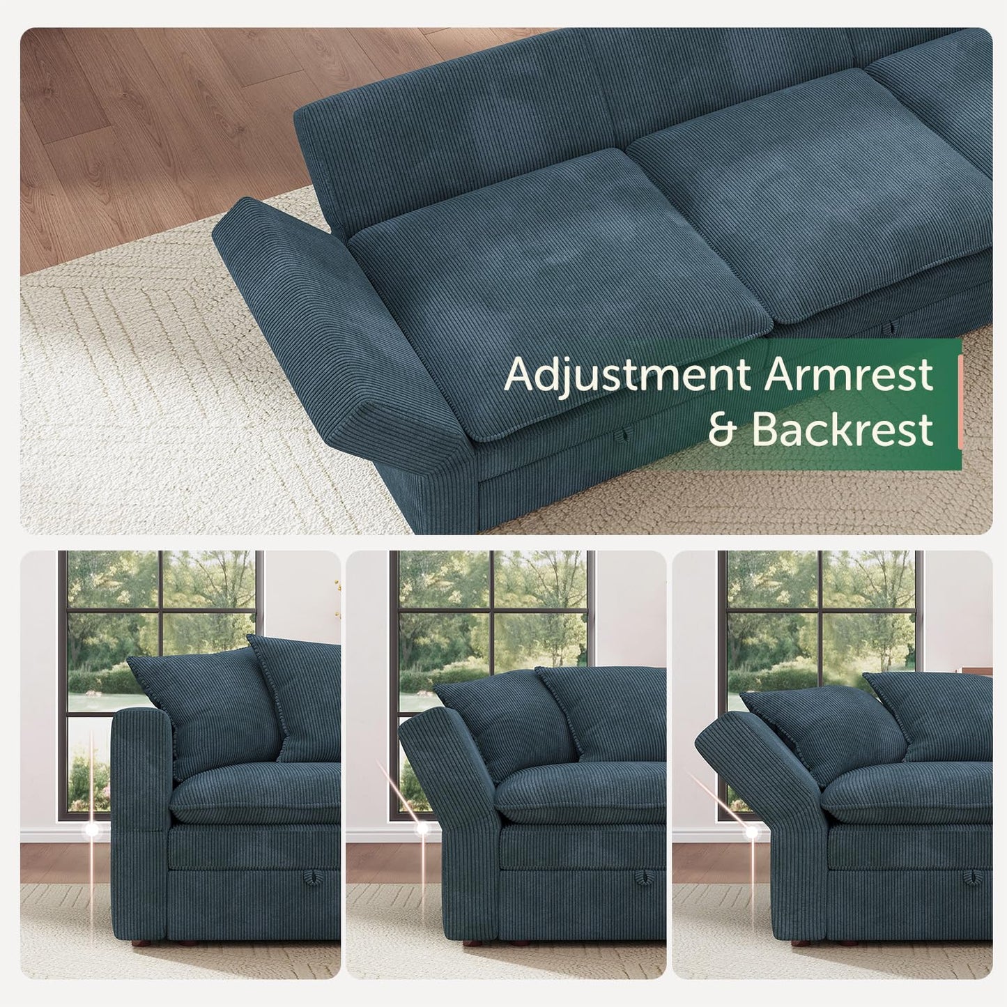 HONBAY Modular Sectional Sofa, 6 Seat U Shaped Corduroy Couch with Storage & Pillows, Convertible Sectional Couches for Living Room, Blue