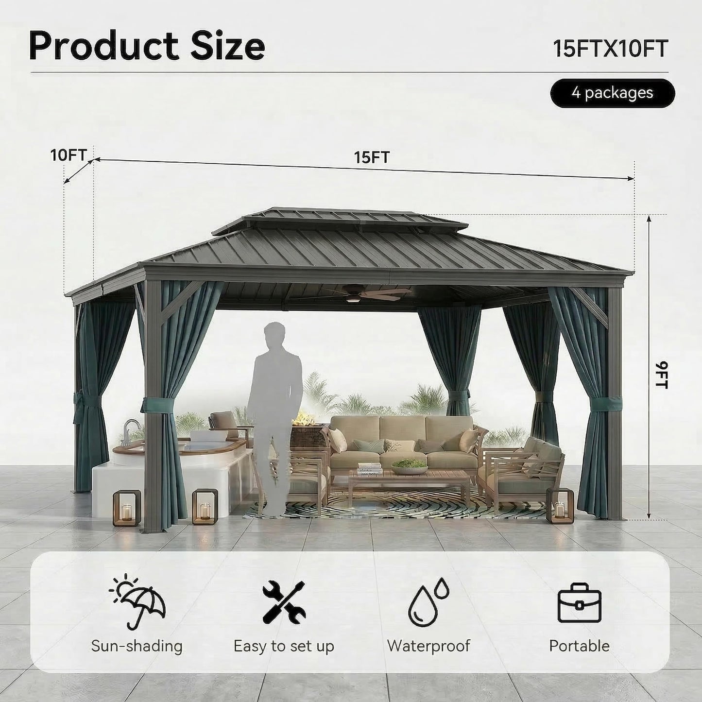HOTEEL 10x15 Hardtop Gazebo On Clearance with Galvanized Steel Double Roof,Heavy Duty Gazebo with Flame-Retardant Curtain & Netting, Permanent Pavilion Outdoor for Patio, Frame Thickened, Black