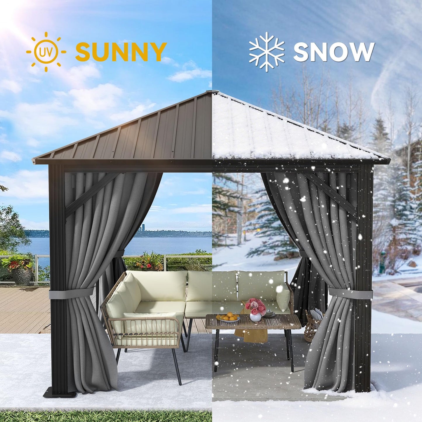 YITAHOME 10X10FT Metal Hardtop Gazebo Outdoor Patio Single Top Canopy Galvanized Iron Aluminum Column Garden Tent Curtains Netting for Backyards Decks Lawns,Gray