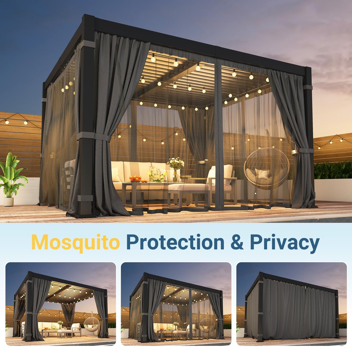 10' x 12' Louvered Pergola, Metal Outdoor Pergola with Adjustable Louvered Roof, Curtains & Netting, Patio Hardtop Gazebo with Gutter System for Deck, Garden, Yard, Dark Gray