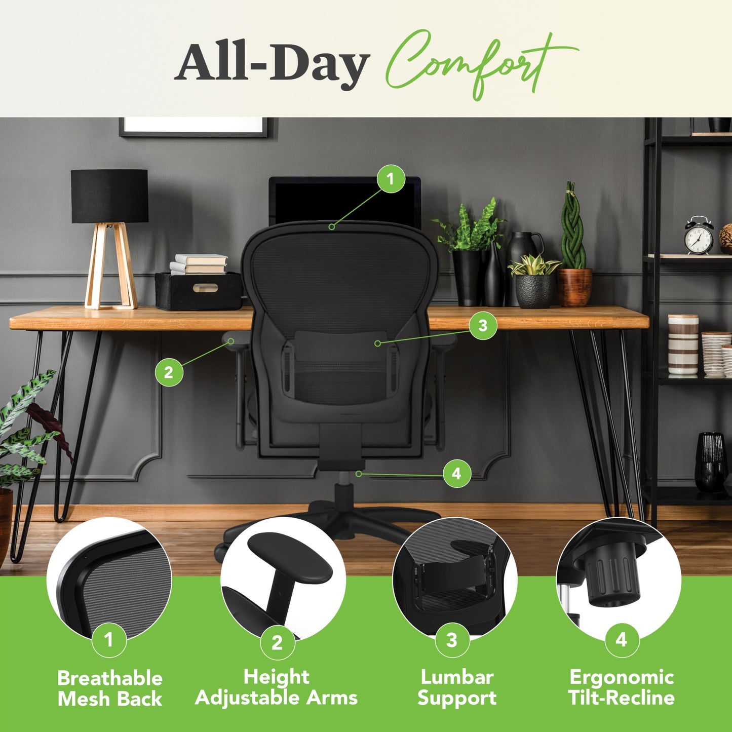HON Wave High Back Ergonomic Office Chair with Leather Seat and Breathable Mesh Back, Adjustable Arms, Synchro‑Tilt Recline and Swivel Wheels for Desk and Computer Use, Black