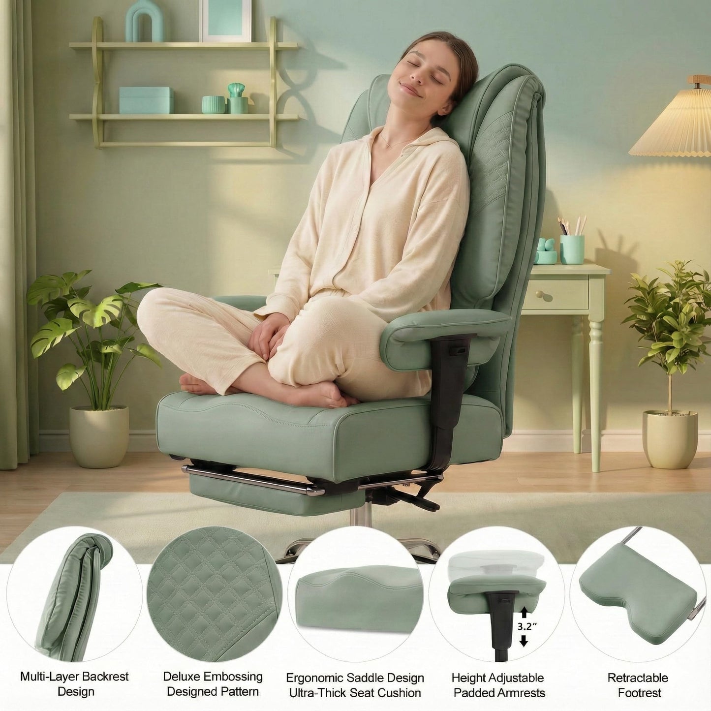 EXCEBET Big and Tall Office Chair 400lbs Wide Seat, Leather High Back Executive Office Chair with Foot Rest, Ergonomic Chairs Lumbar Support for Lower Back Pain Relief (Light Green)