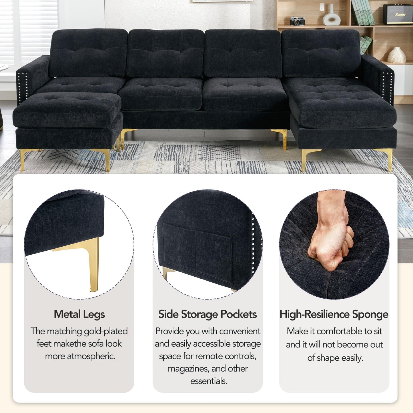 P PURLOVE Velvet Modern Large Sectional Sofa, U Shape Upholstered Couch with Chaise, Convertible Sofa Couch with Movable Ottoman for Living Room Apartment (Black)